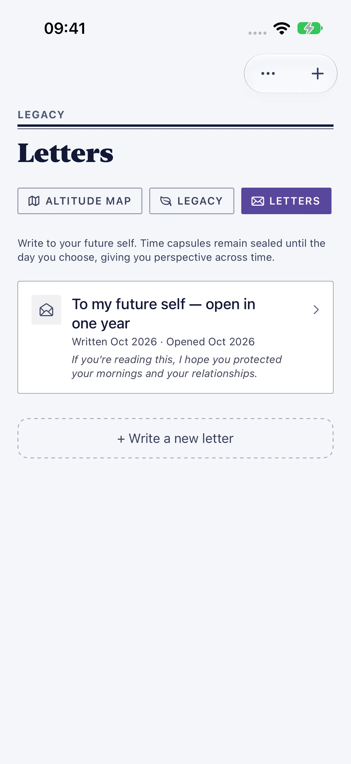 HourLife Legacy: The Letters tab with an opened letter, “To my future self — open in one year”, and “+ Write a new letter”.