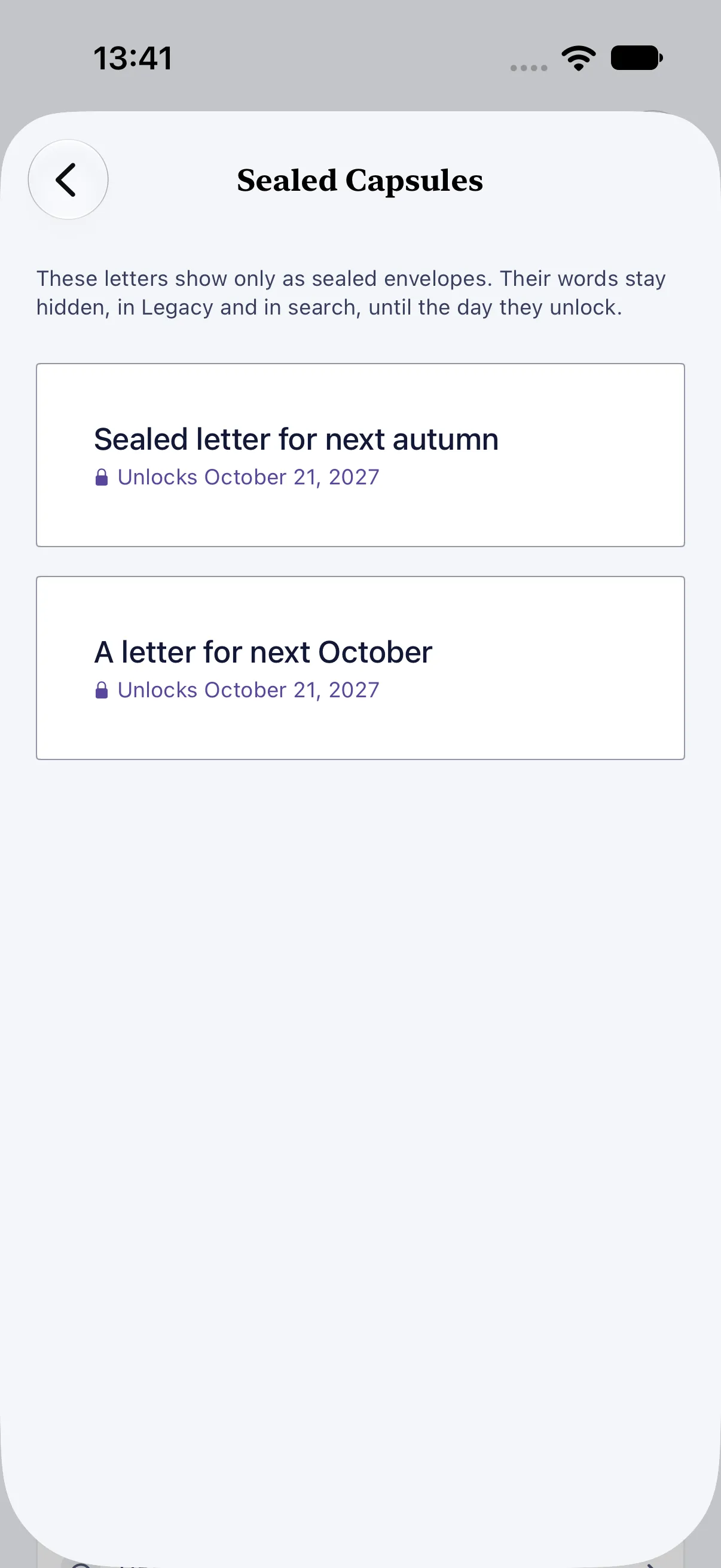 HourLife Legacy: Sealed Capsules, from Legacy Settings: two letters, “Sealed letter for next autumn” and “A letter for next October”, each locked until October 21, 2027.