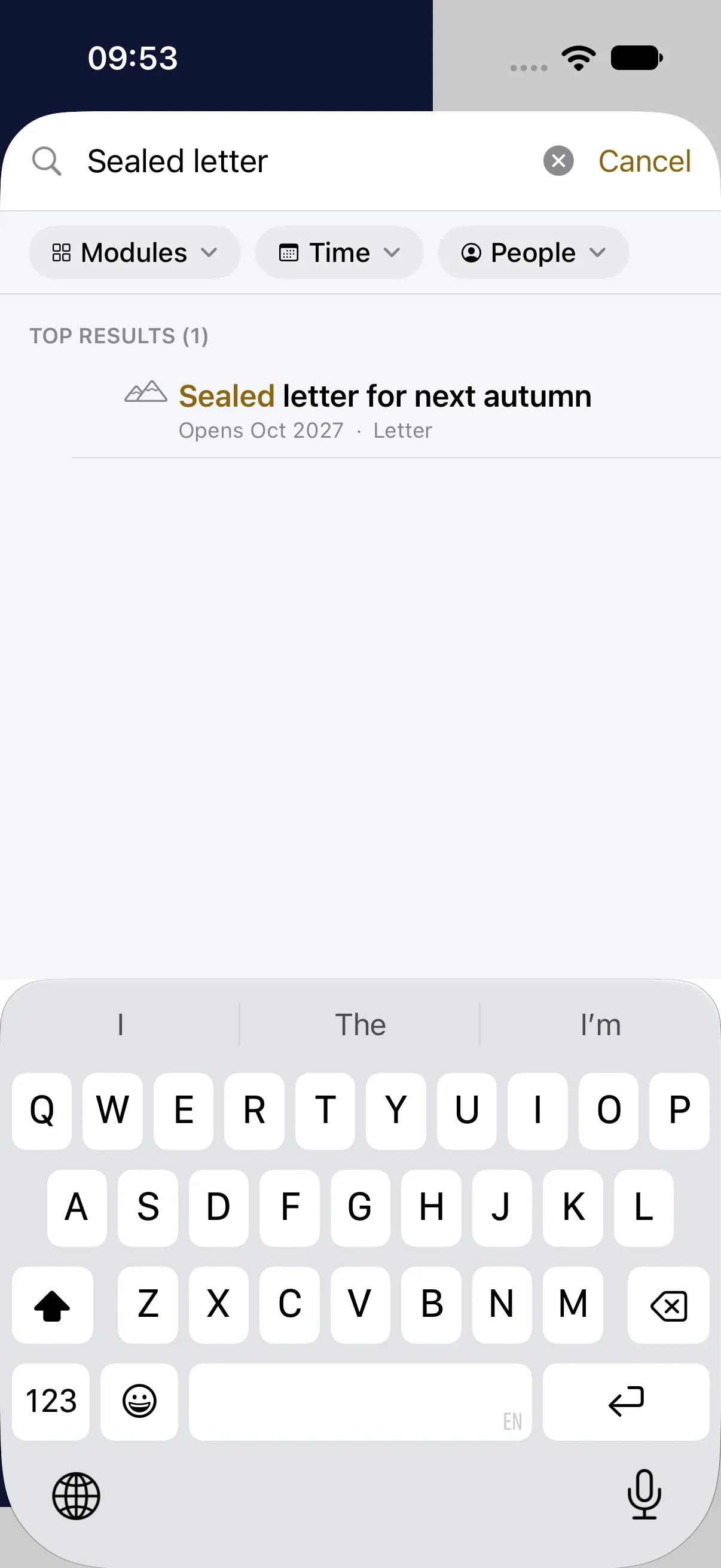 HourLife Legacy: Search finds a sealed letter by its title, with the month it opens: “Sealed letter for next autumn”, “Opens Oct 2027 · Letter”.