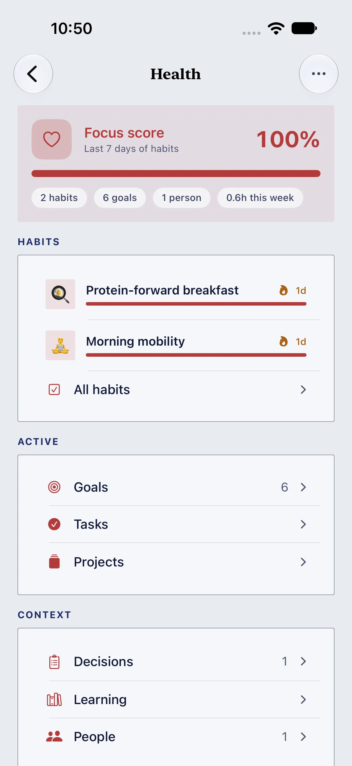 HourLife Areas: The Health page with its focus score, linked habits, and links to its goals, tasks, projects, decisions, learning, and people.
