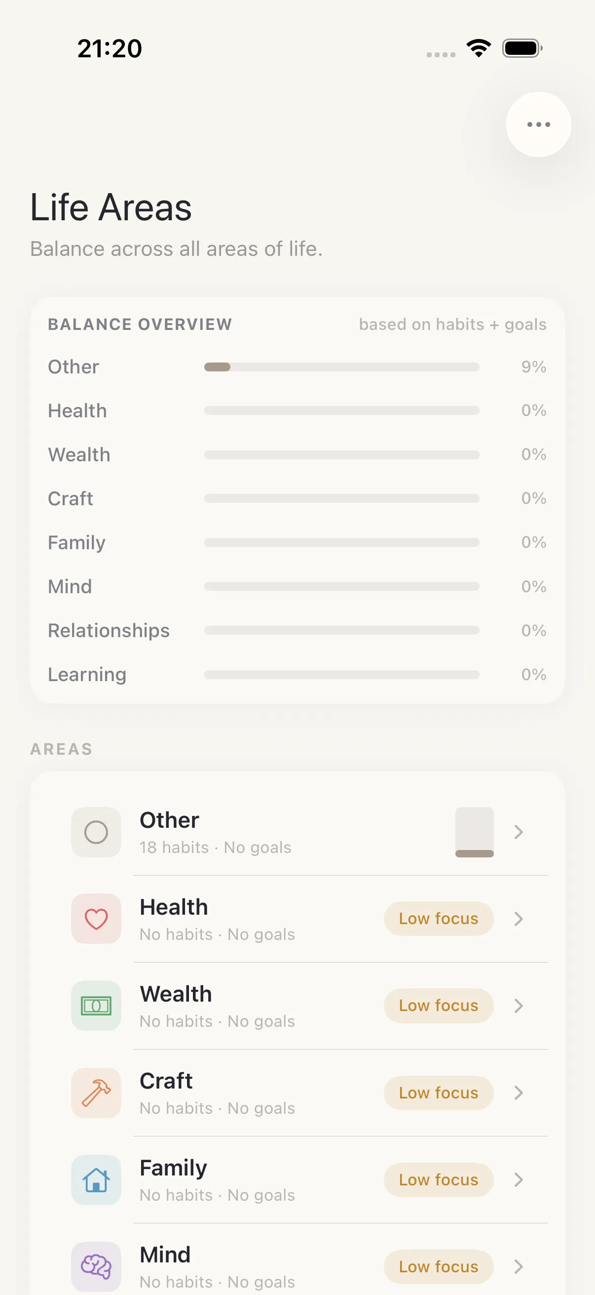Life Areas screen in HourLife