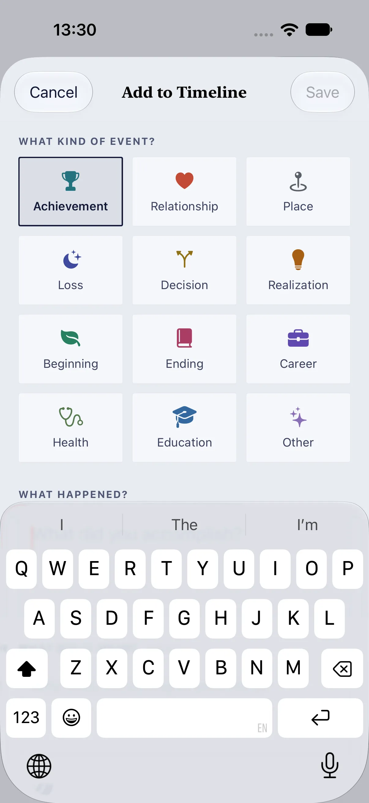 HourLife Timeline: “Add to Timeline”, with the twelve kinds under “WHAT KIND OF EVENT?” and Achievement picked.