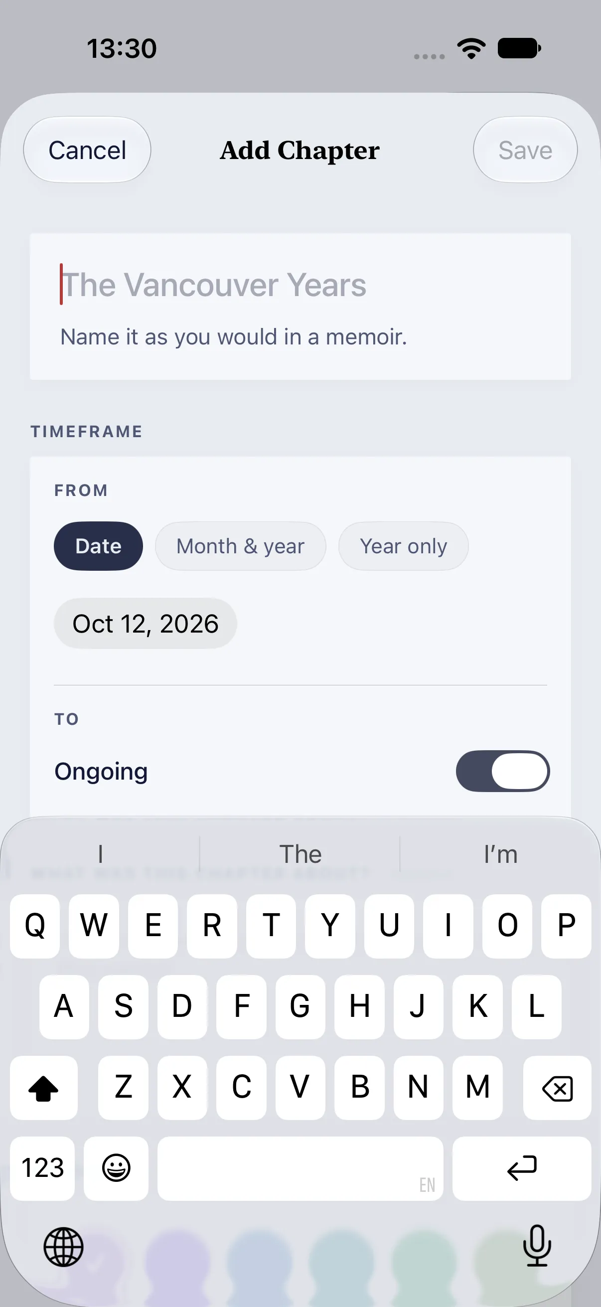 HourLife Timeline: “Add Chapter”, with “The Vancouver Years” as the placeholder name, a “FROM” date and “Ongoing” on.