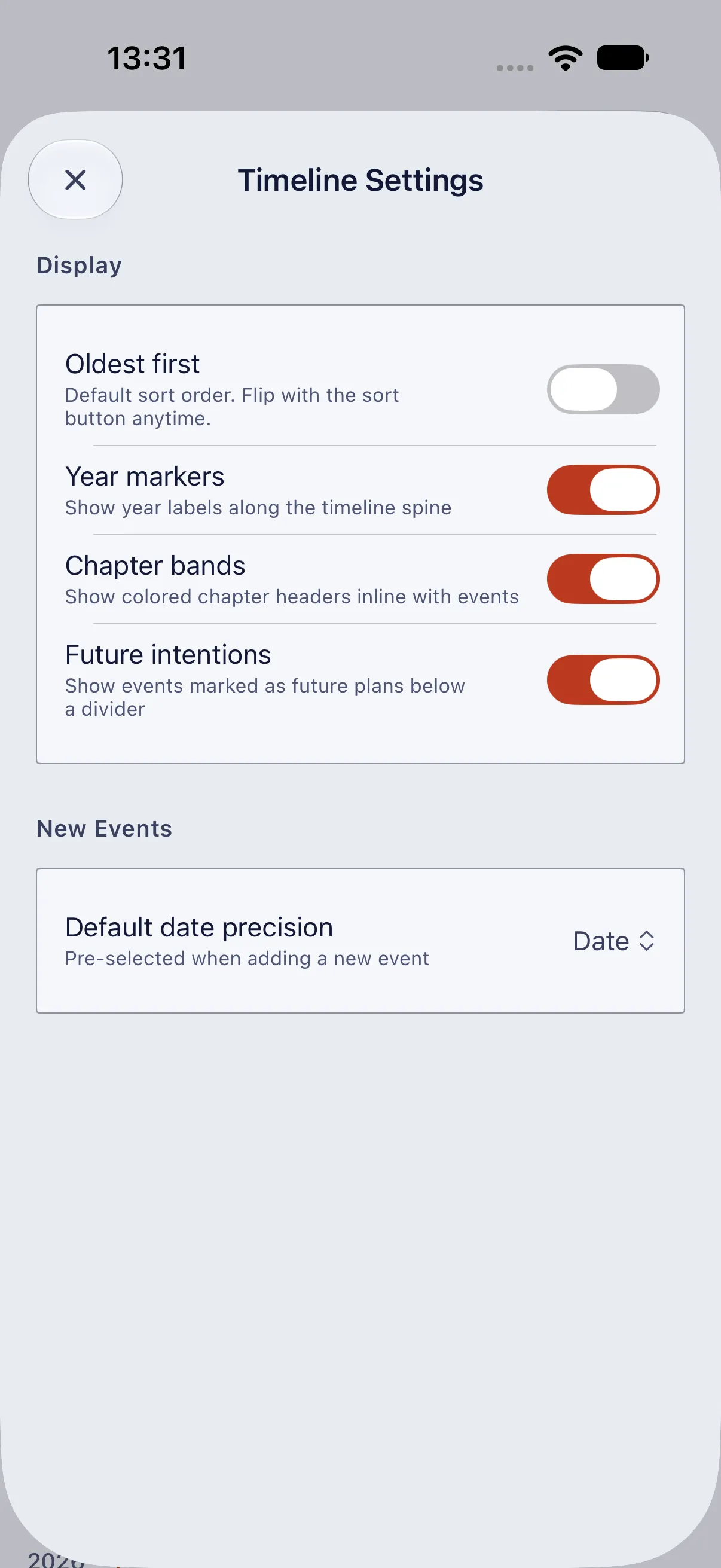 HourLife Timeline: Display toggles for “Oldest first”, “Year markers”, “Chapter bands”, and “Future intentions”, with the default date precision for new events.