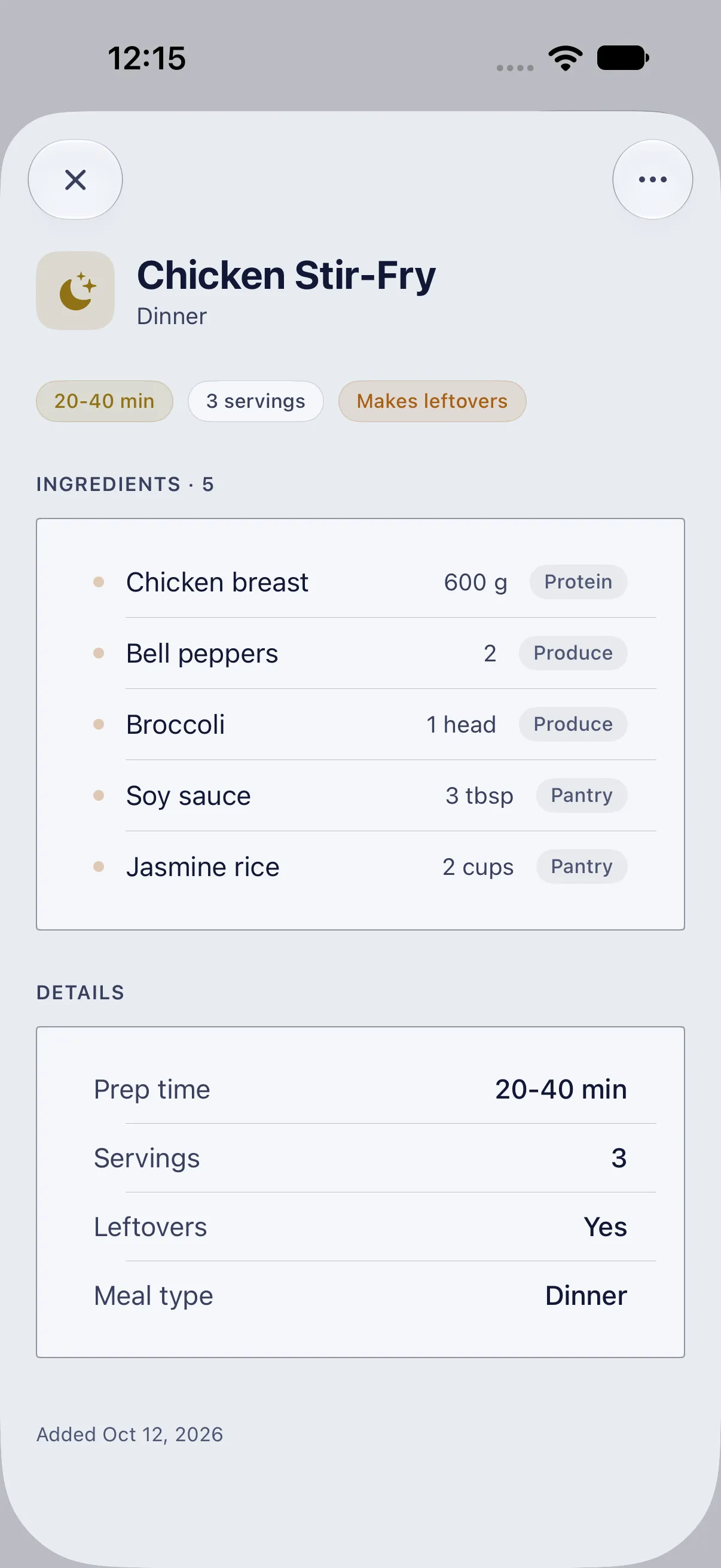 HourLife Meals: Chicken Stir-Fry with its prep time, servings and leftovers, and five ingredients, each with a quantity and an aisle.