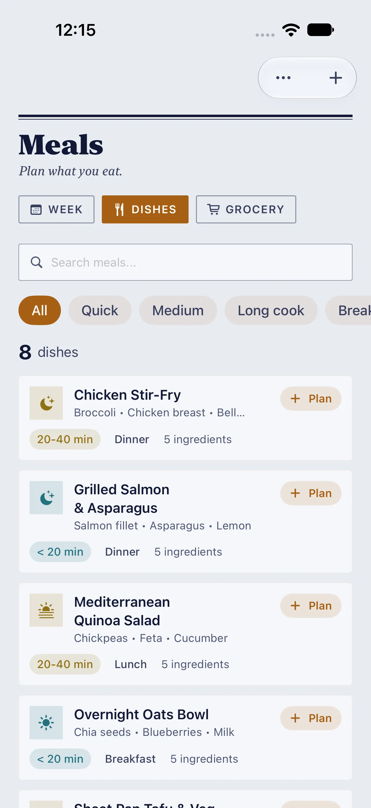 HourLife Meals: Eight saved dishes with their prep-time and meal badges, the filter chips, and a “Plan” button on each.