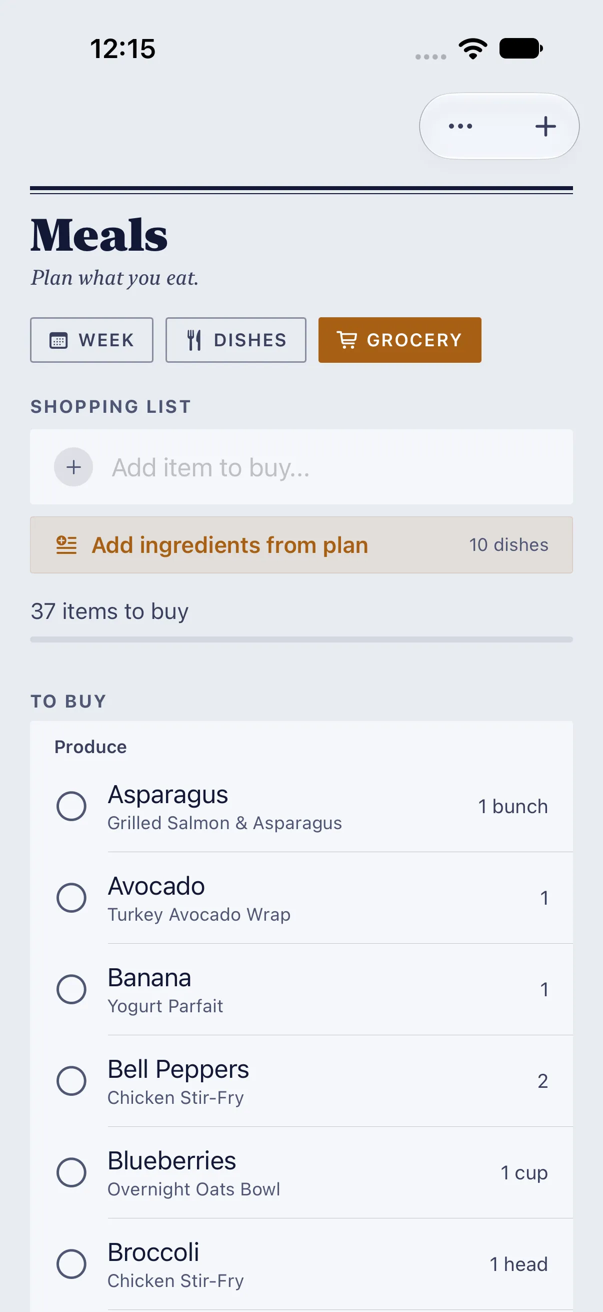 HourLife Meals: The Grocery tab after “Add ingredients from plan”: 37 items from 10 planned dishes, by aisle, each with its quantity and the dish it is for.