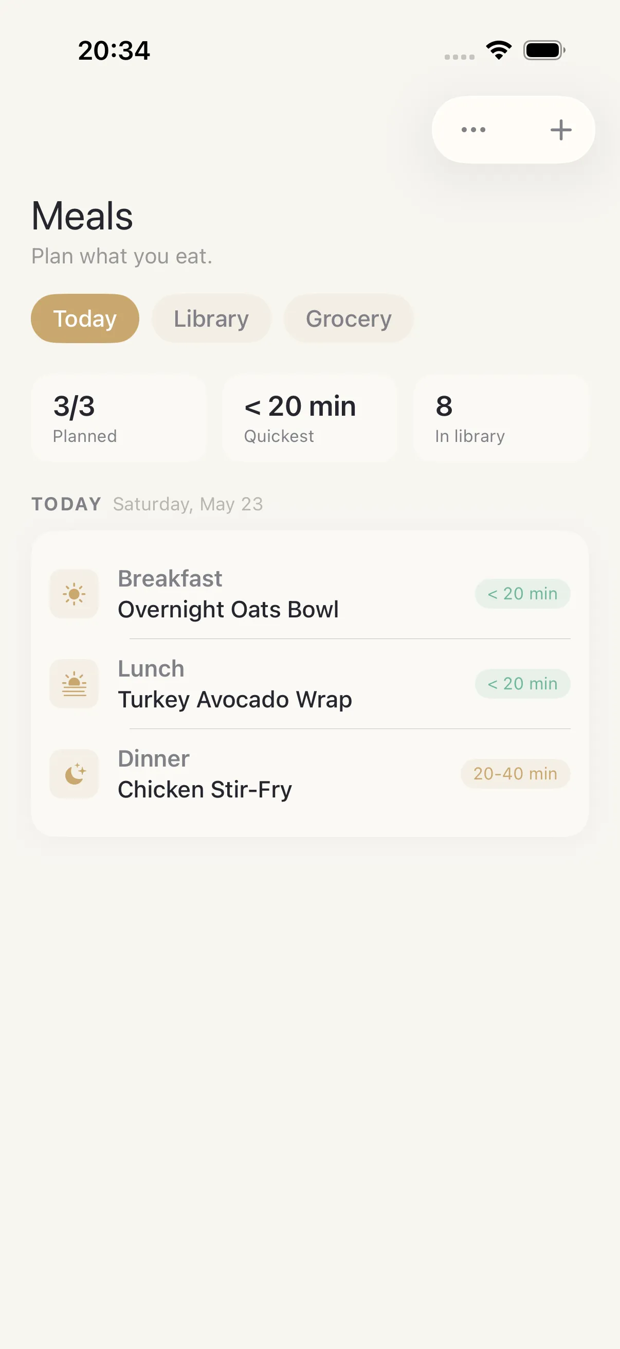 Meals screen in HourLife