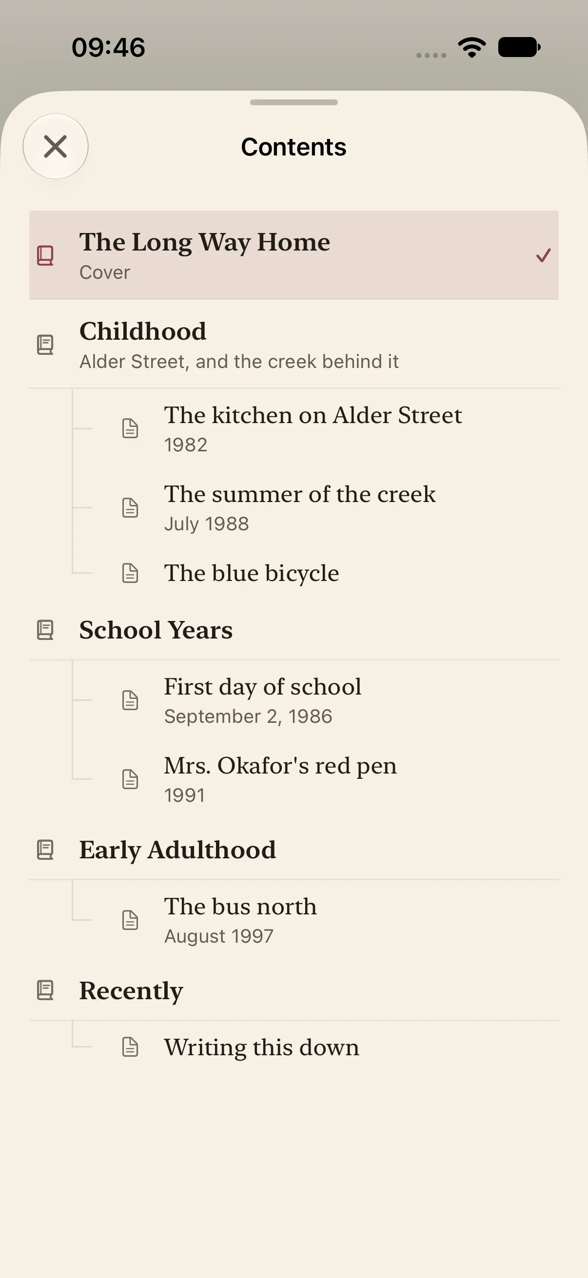 HourLife Memoir: The reader’s contents, with the cover, then four chapters and each moment with its date.