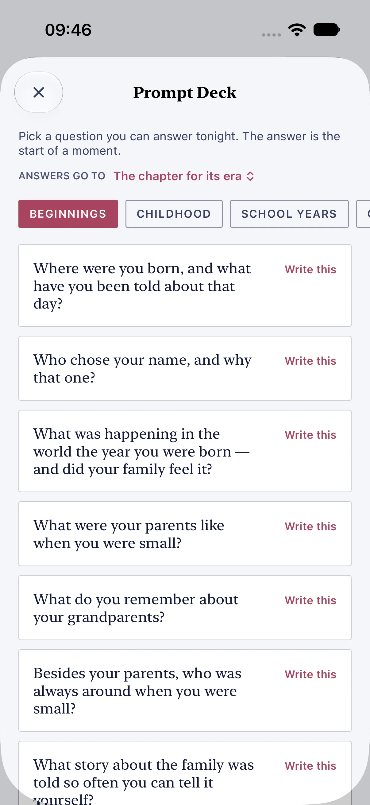 HourLife Memoir: Questions from Beginnings, with “ANSWERS GO TO” sending each answer to the chapter for its era.