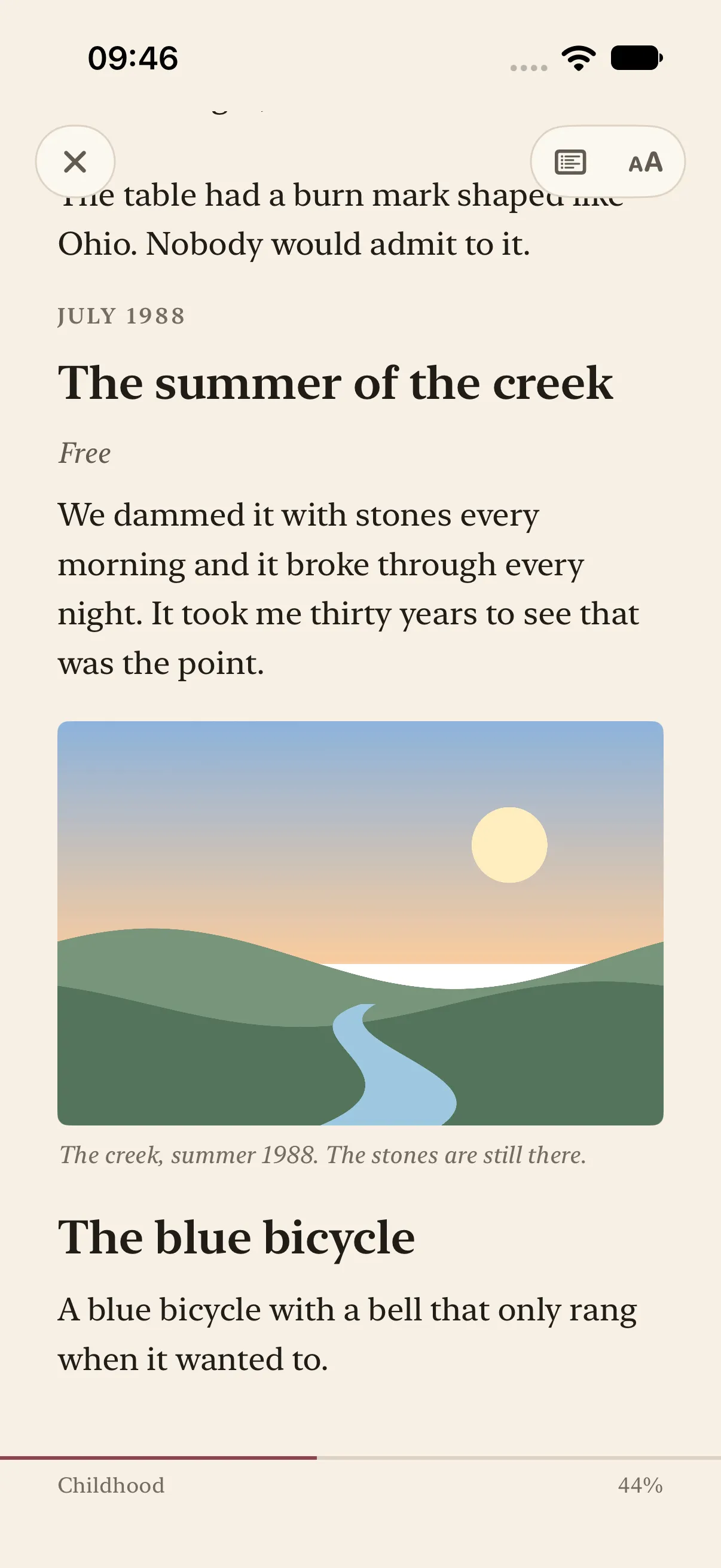 HourLife Memoir: The Childhood chapter in the reader, with “The summer of the creek”, July 1988, felt as “Free”, a captioned photo of the creek, and 44% read.