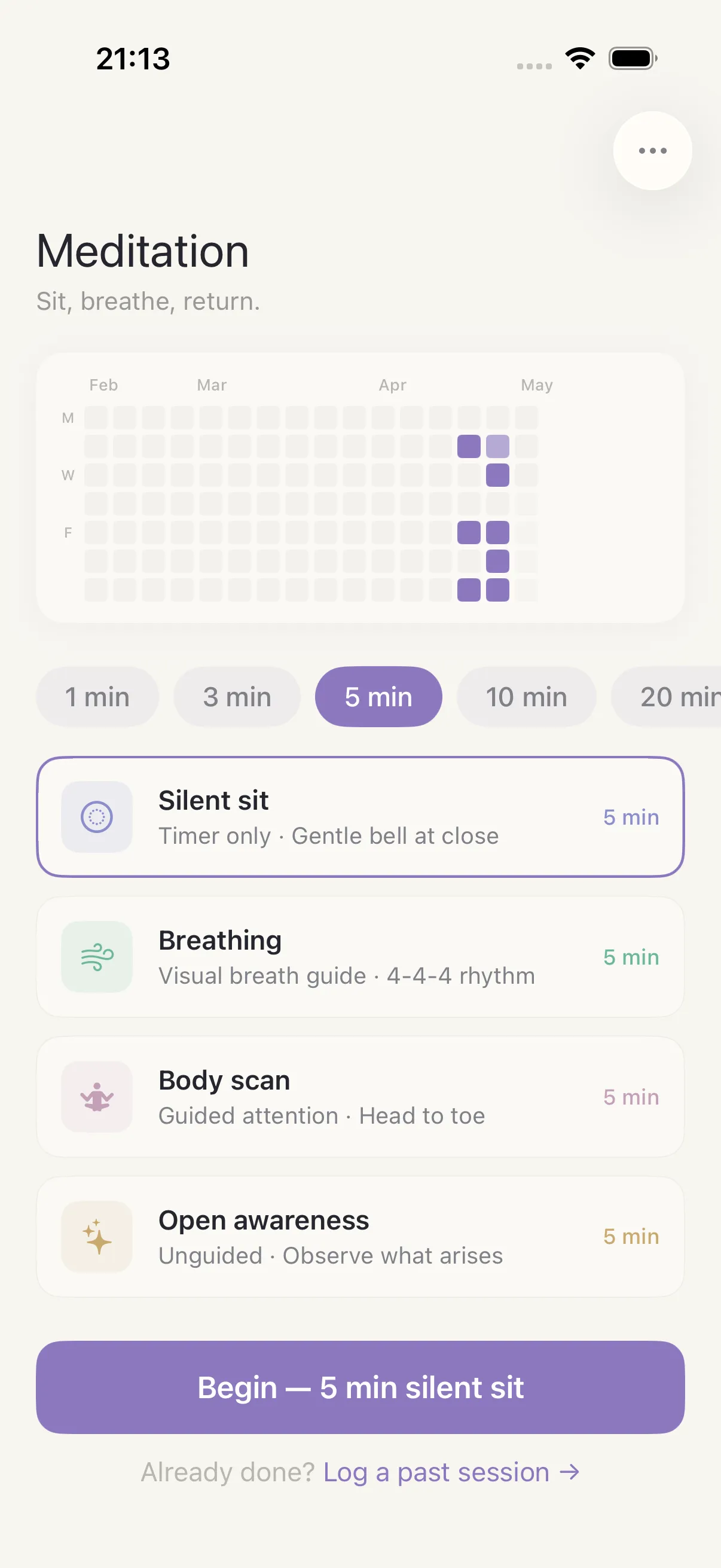 Mindfulness screen in HourLife