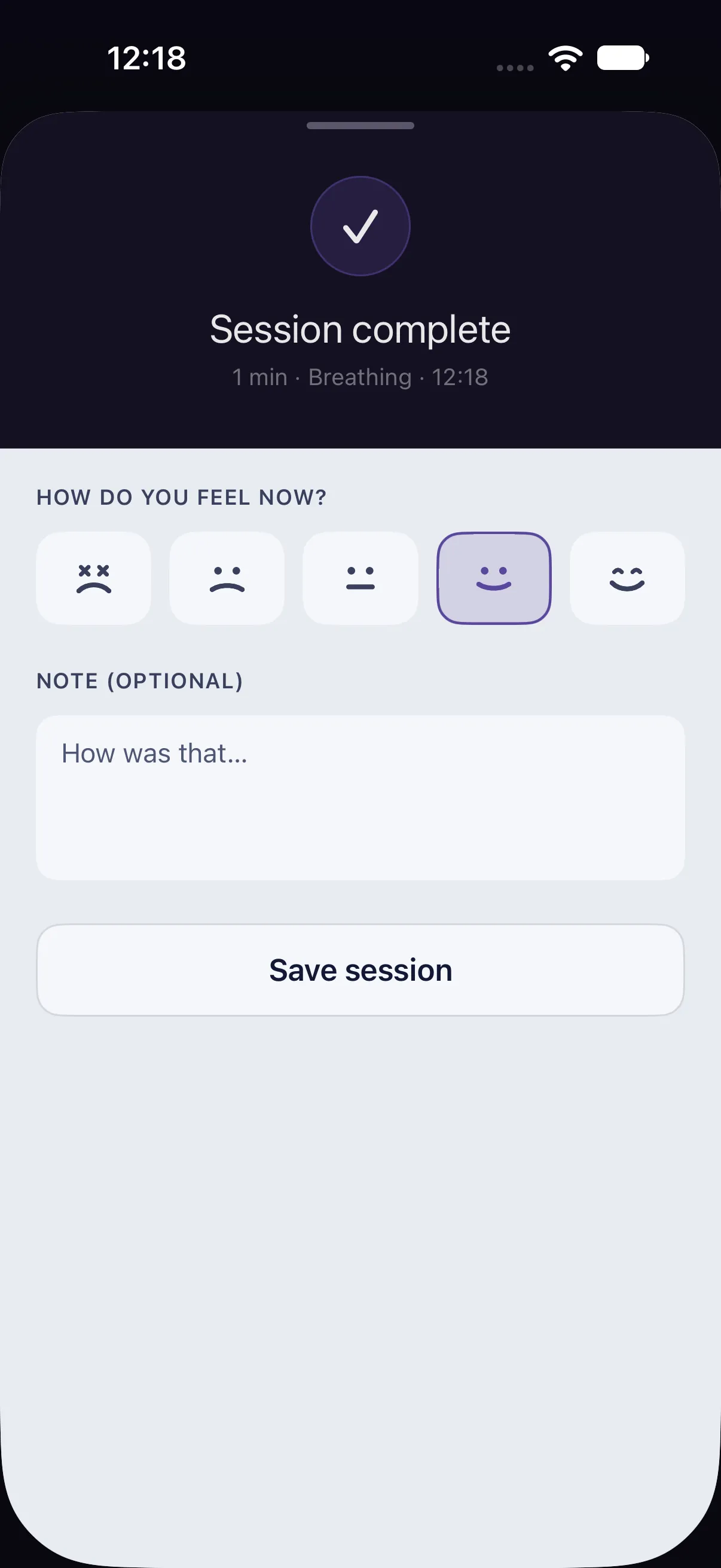 HourLife Meditation: The reflection after a session, with five faces under “How do you feel now?”, an optional note, and “Save session”.