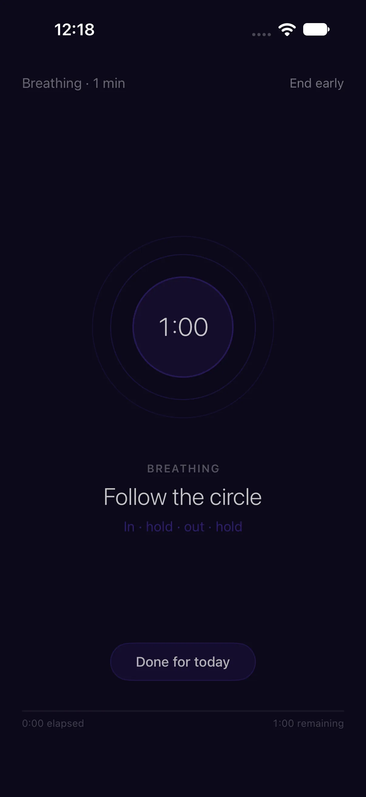 HourLife Meditation: A one-minute Breathing session on the dark session screen, with the timer inside the breathing circle and “Follow the circle” below.