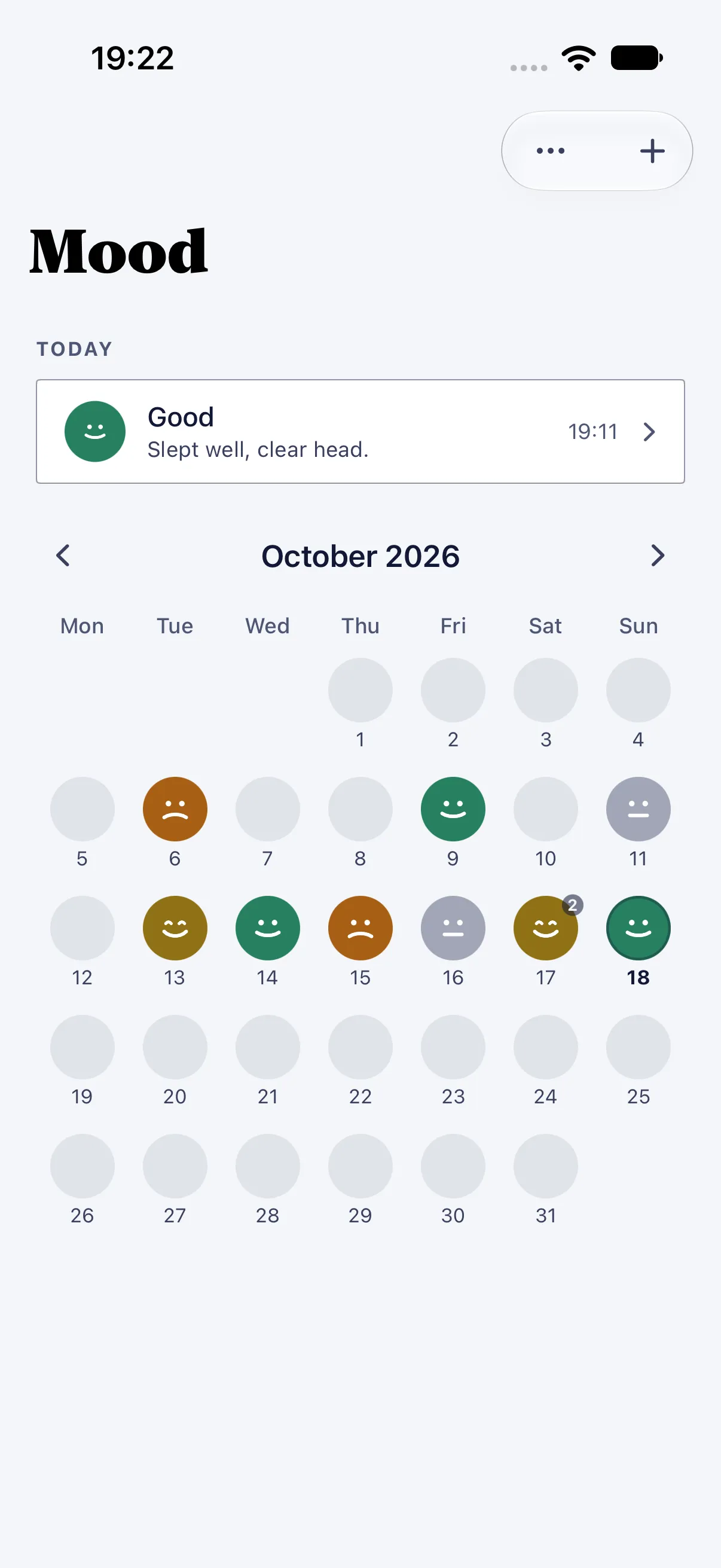 HourLife Mood: Today's “Good” entry over October, each logged day showing its face.