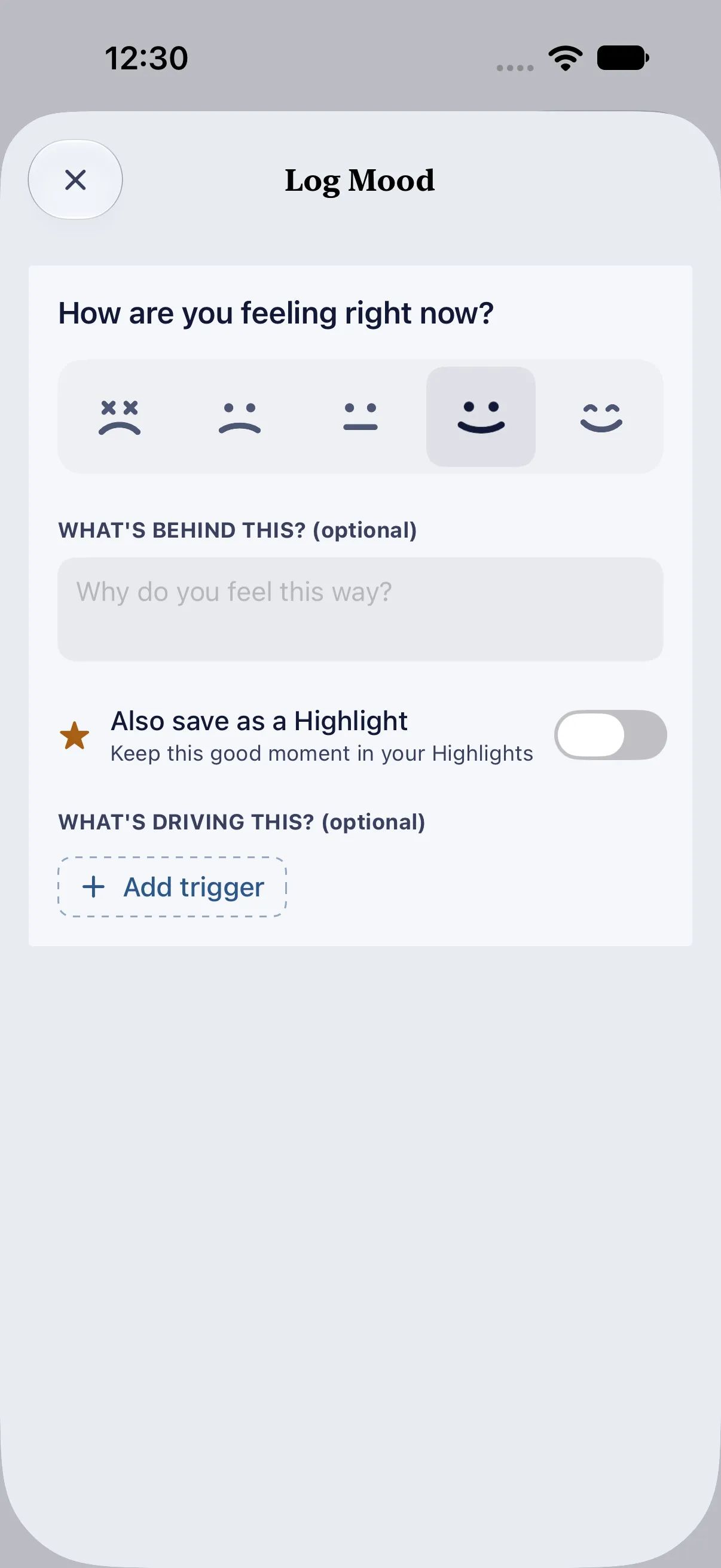 HourLife Mood: The “Log Mood” sheet with Good picked. Under it: a note, “Also save as a Highlight”, and “Add trigger”.