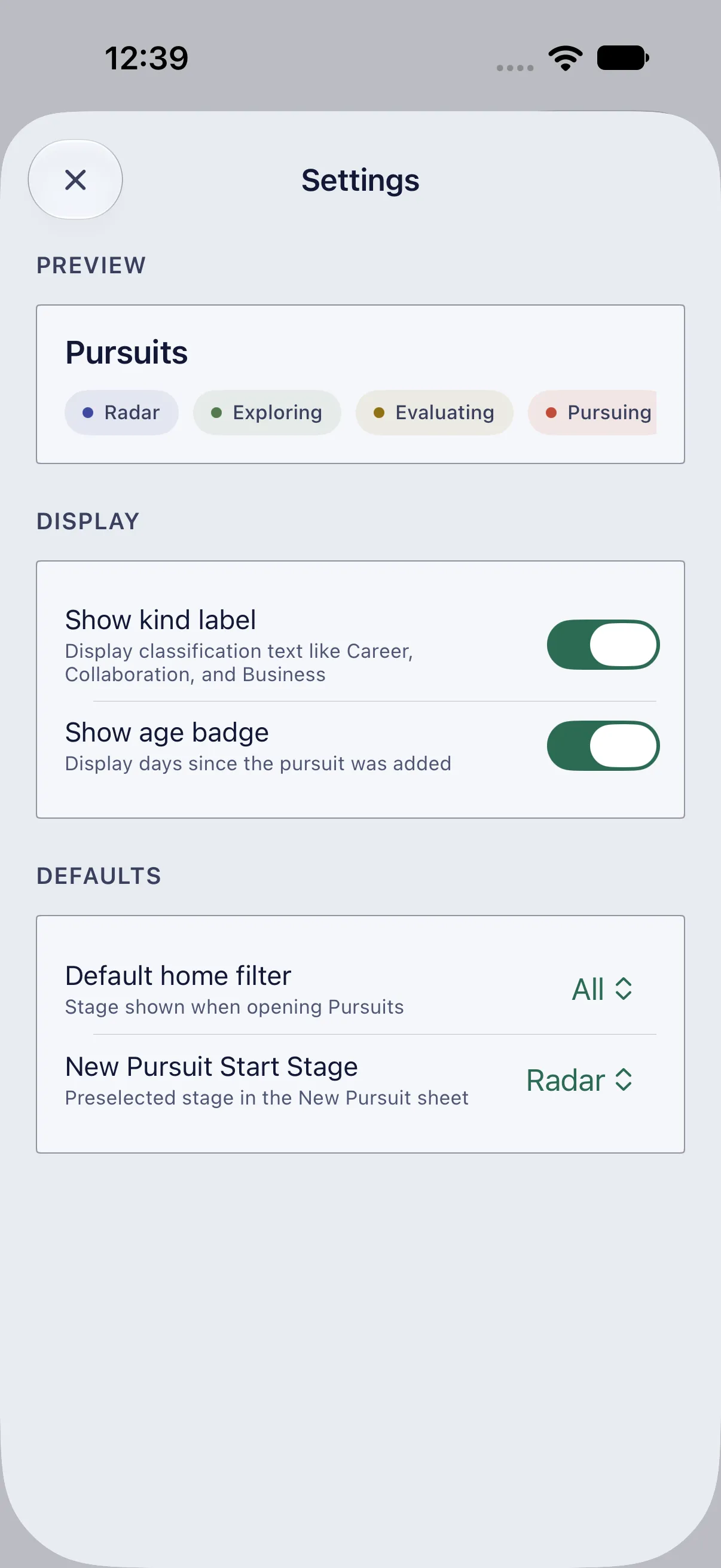 HourLife Pursuits: A preview of the stage chips, “Show kind label” and “Show age badge”, and the defaults for the home filter and a new pursuit’s start stage.
