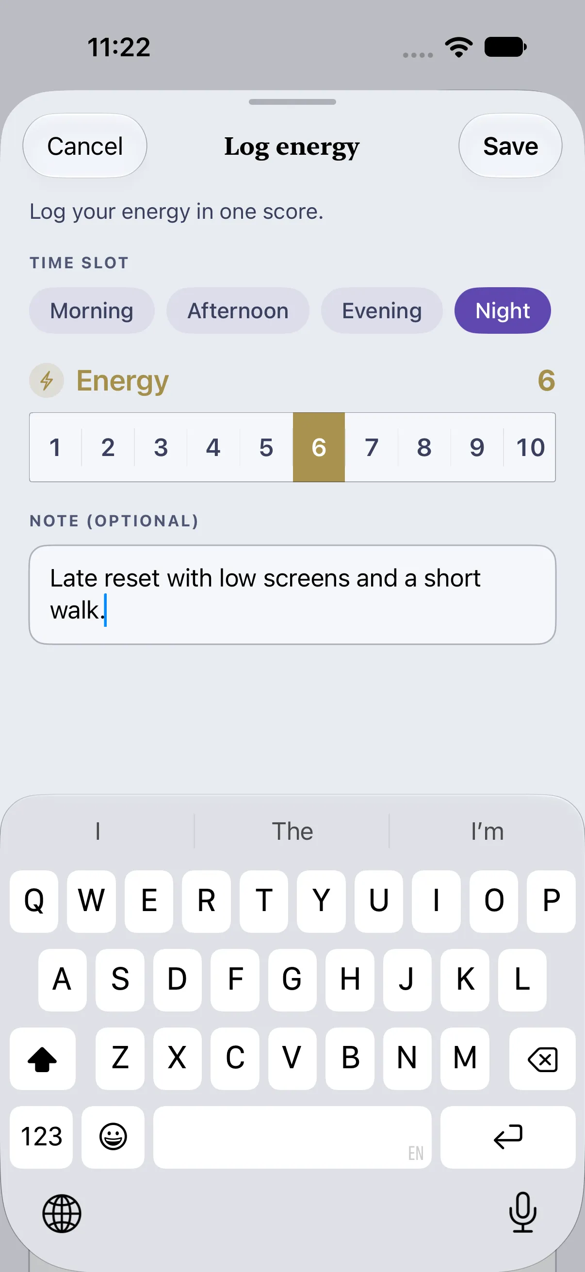 HourLife Energy: “Log energy” with Night picked, a score of 6, and a note about a late reset.