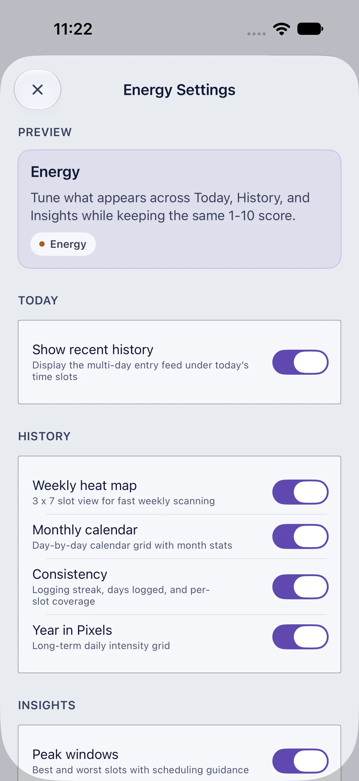 HourLife Energy: Energy Settings, with a switch for the recent history feed and for each History card.