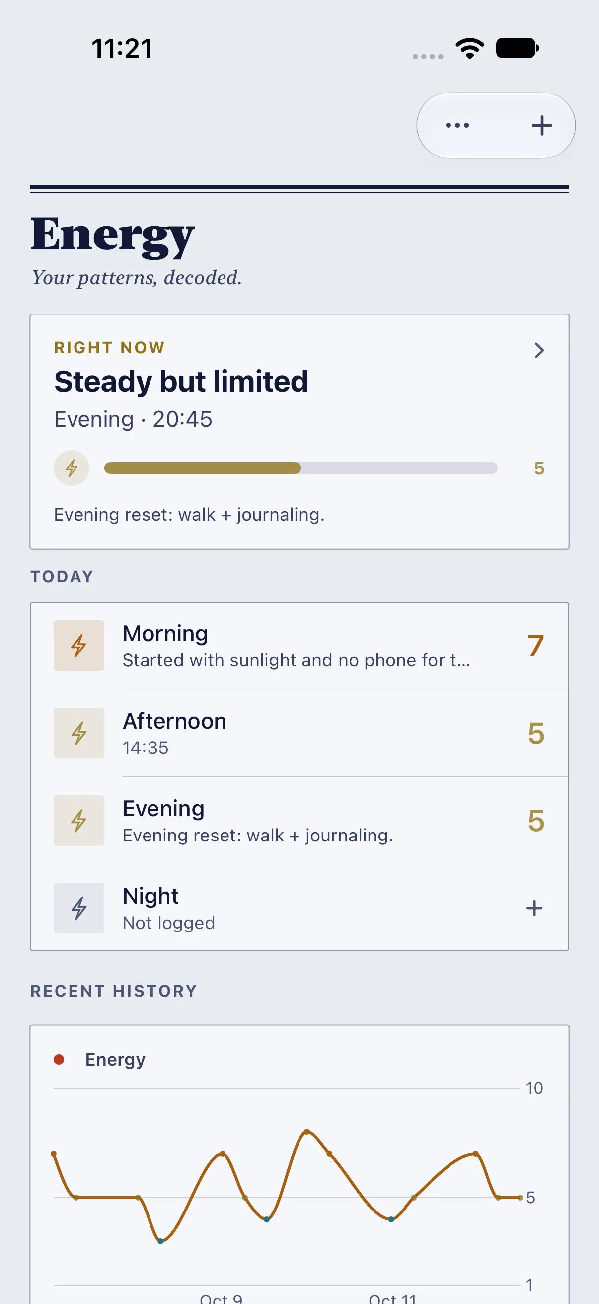 HourLife Energy: The Energy page with “Steady but limited” right now, scores for the morning, afternoon, and evening, and the recent history chart.