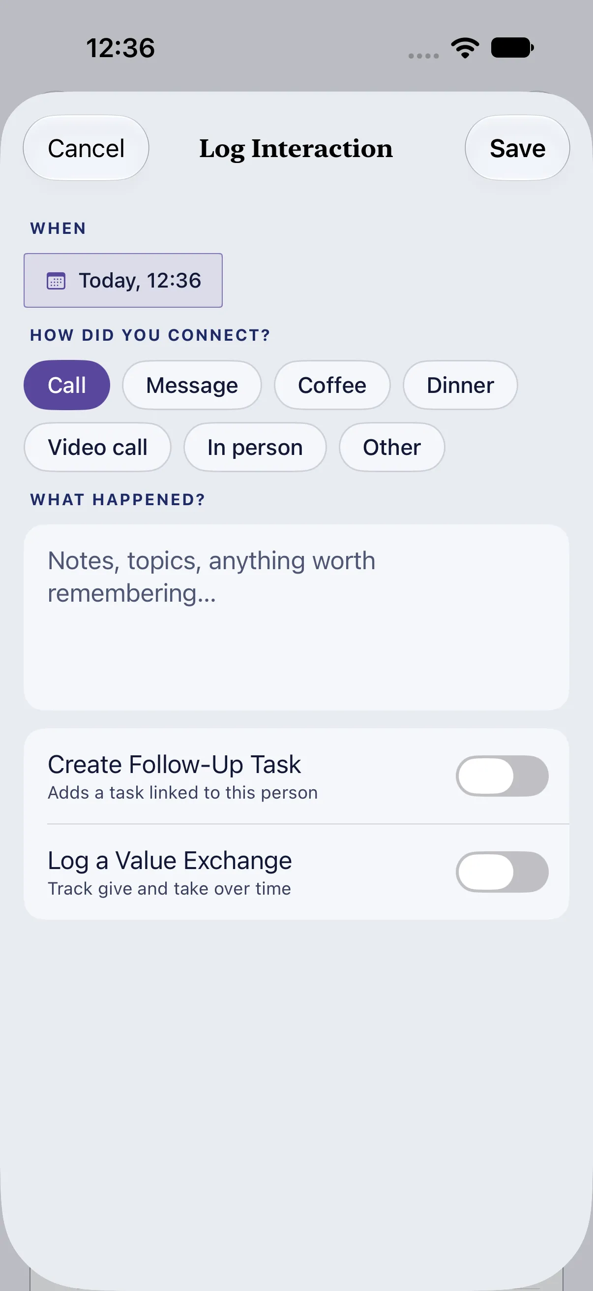 HourLife People: When, how you connected and what happened, with an optional follow-up task or value exchange.