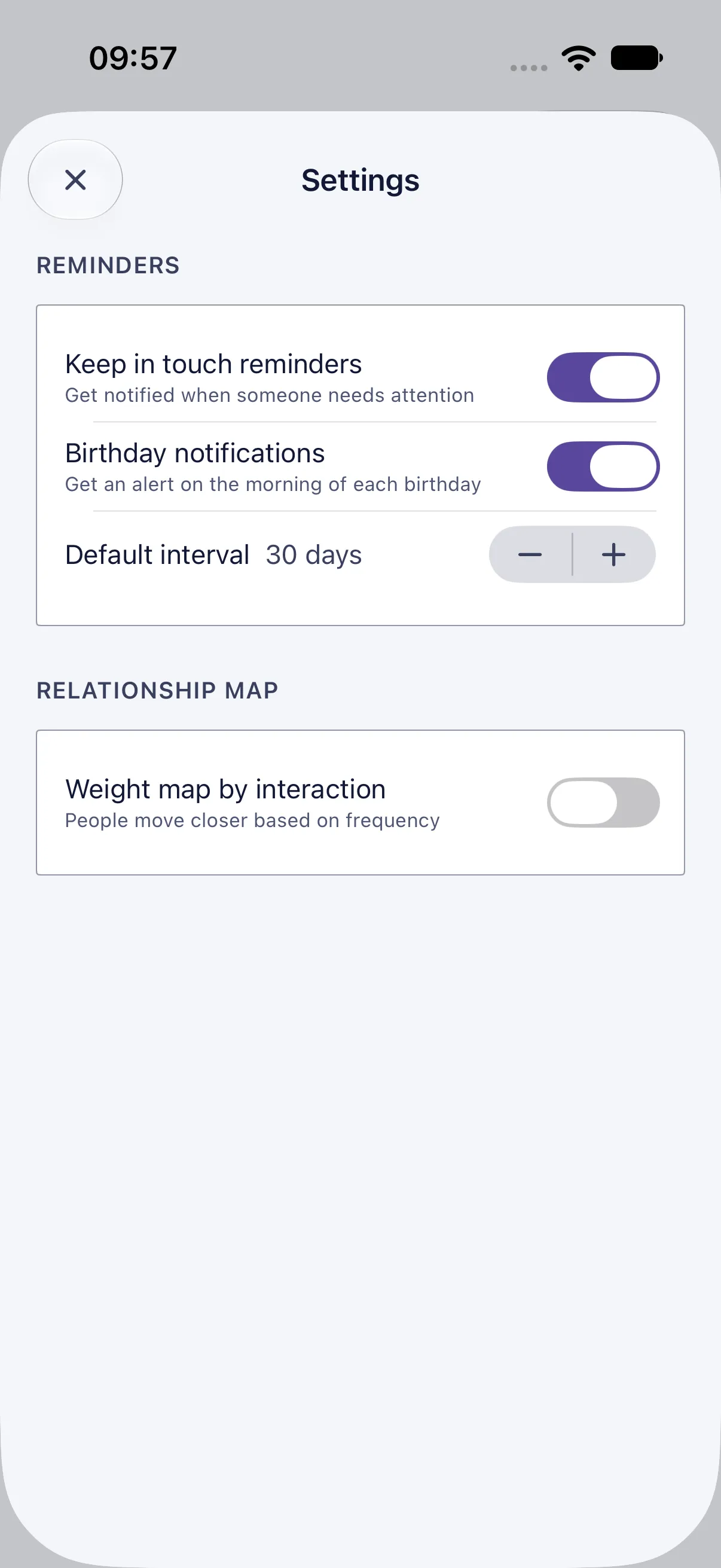 HourLife People: People Settings, with the two reminder switches, the default interval and the map’s weighting.