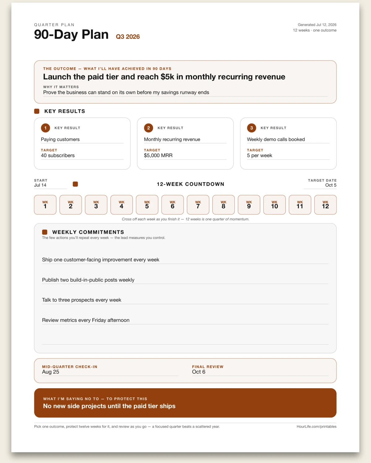 90-Day Plan filled example preview