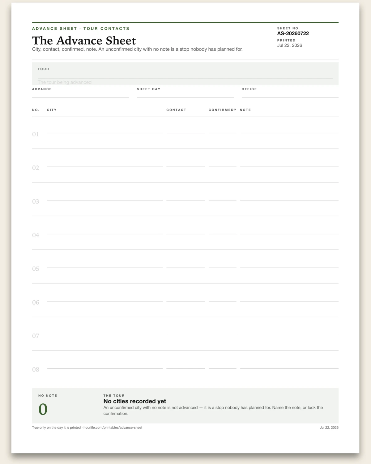 The Advance Sheet blank layout preview