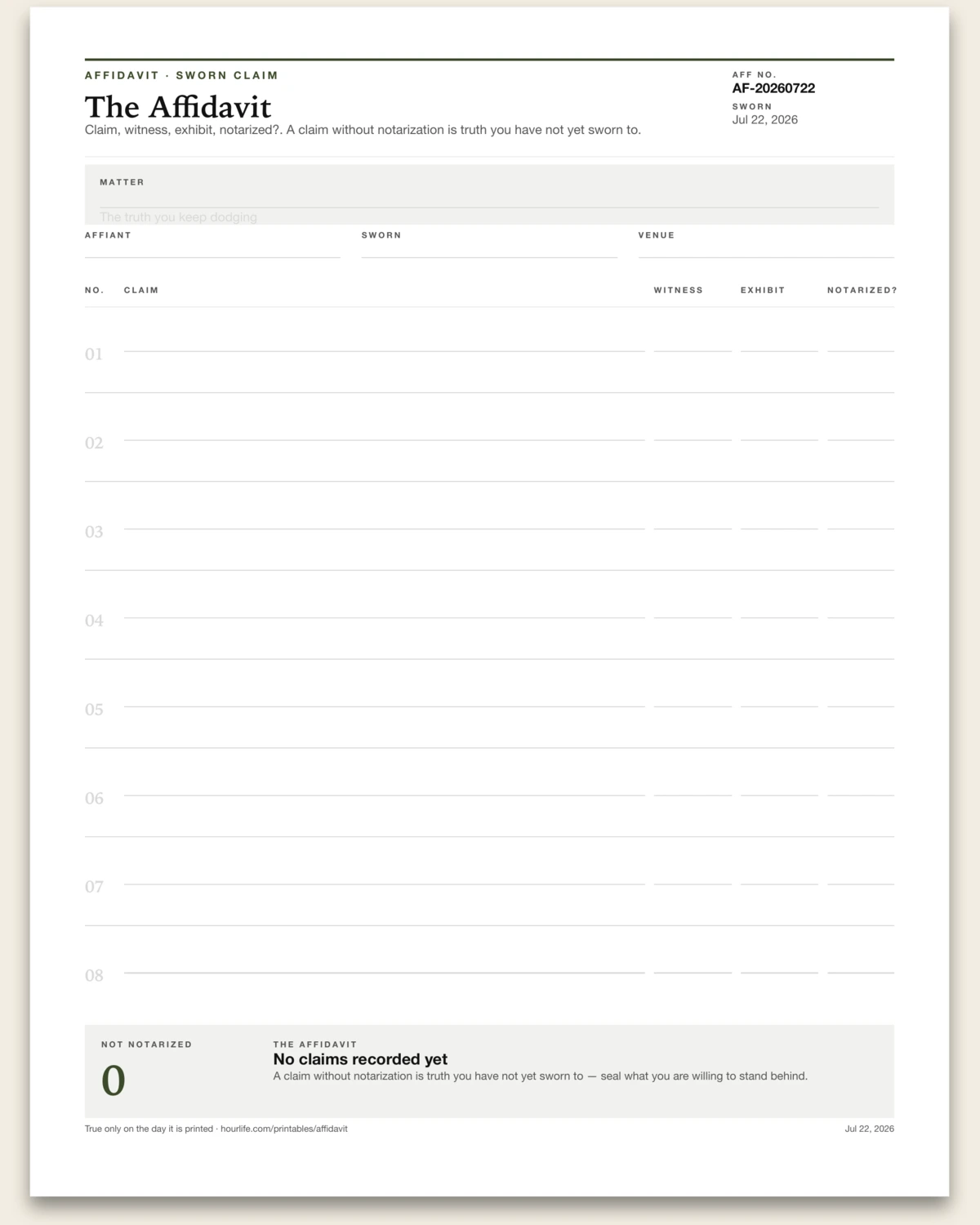 The Affidavit blank layout preview