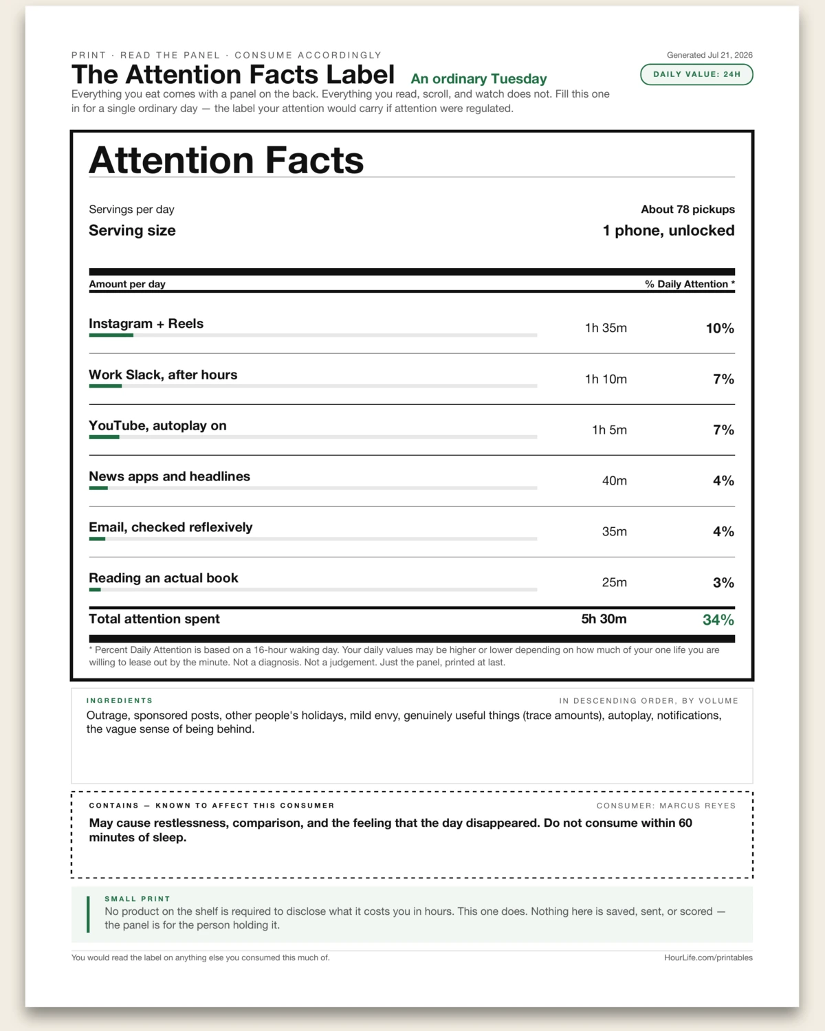 The Attention Facts Label filled example preview