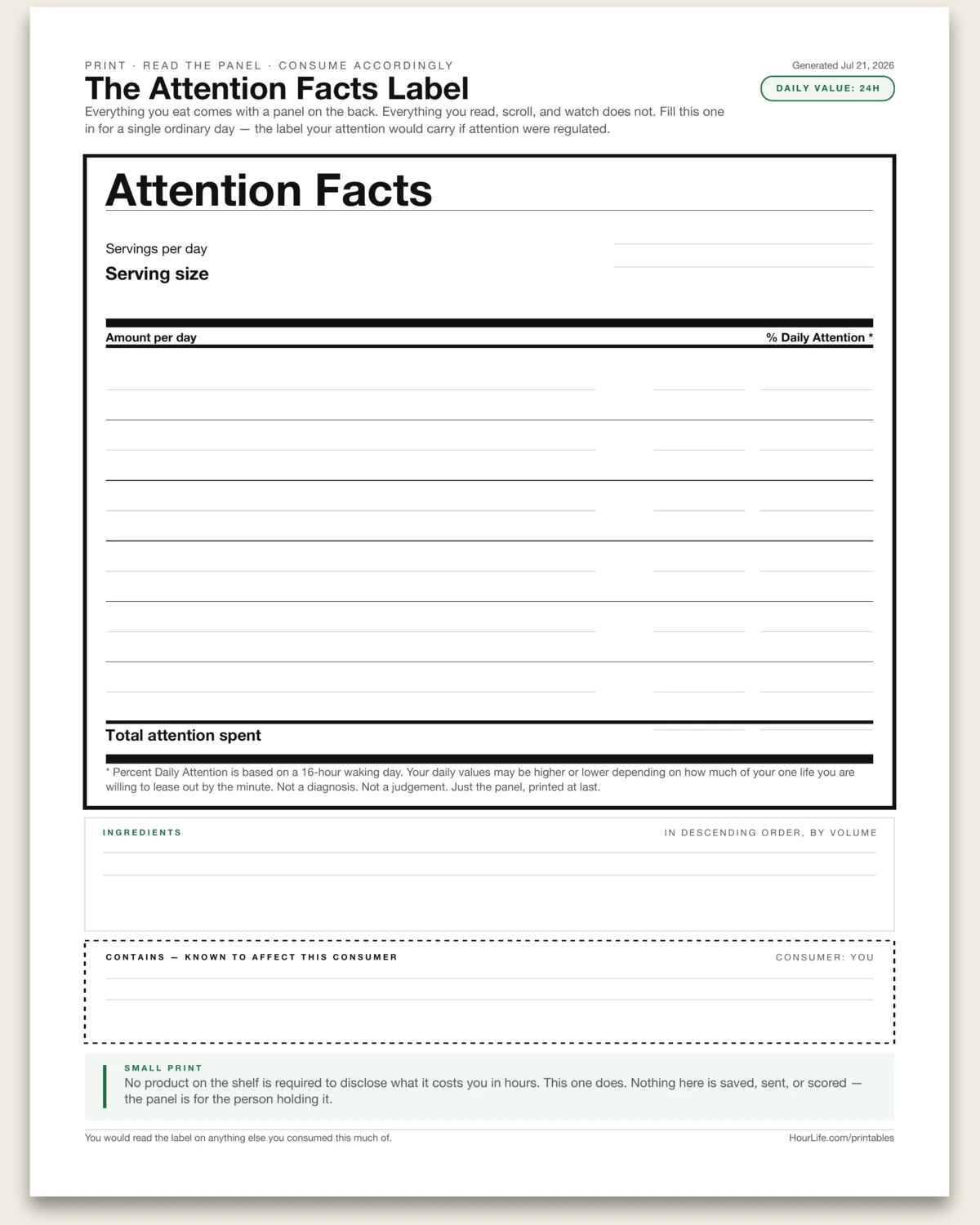 The Attention Facts Label blank layout preview
