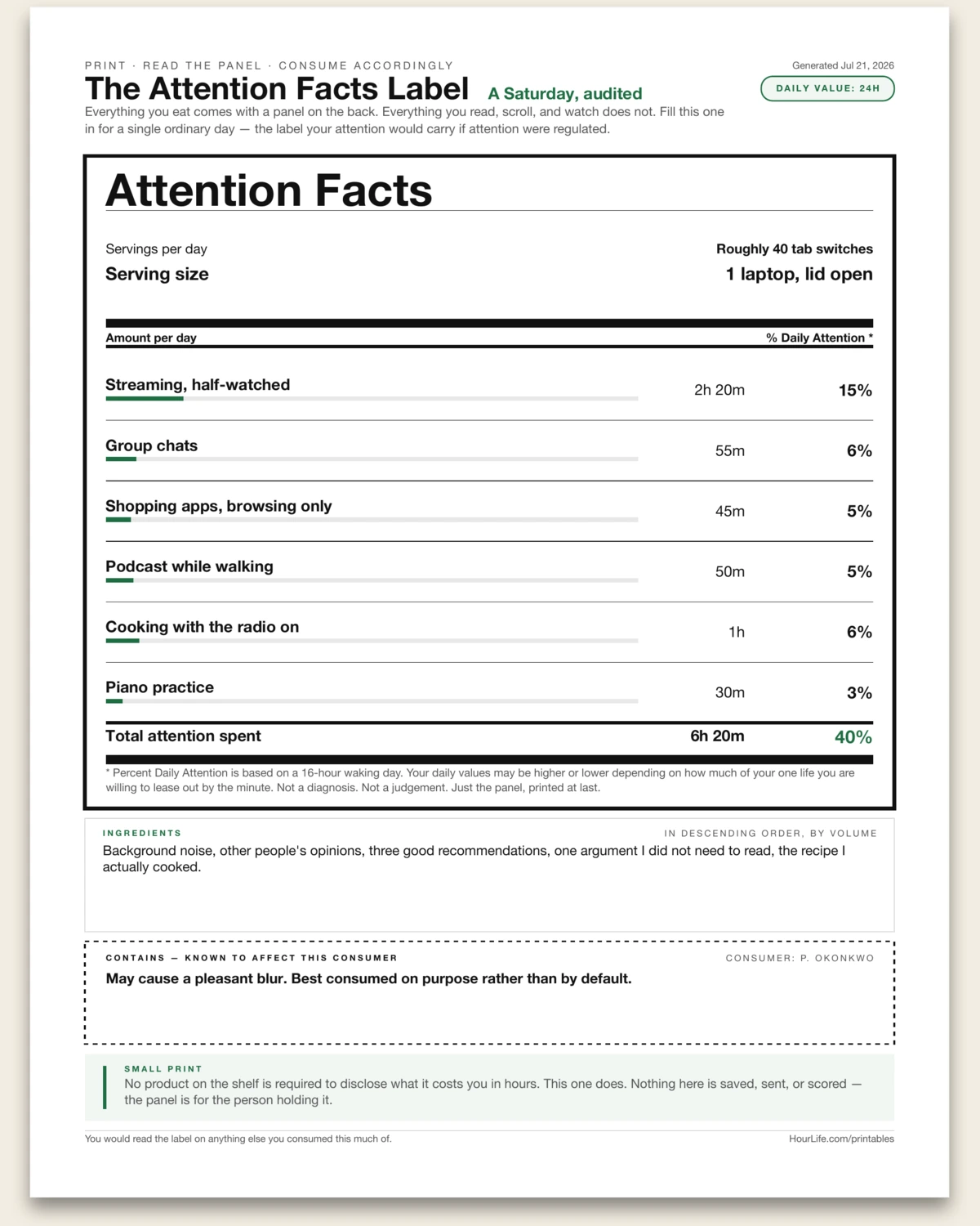 The Attention Facts Label alt style preview