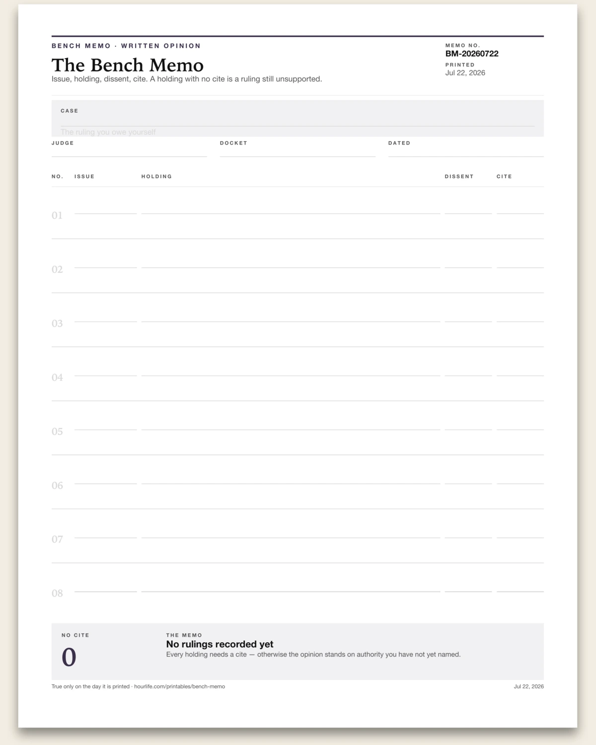 The Bench Memo blank layout preview