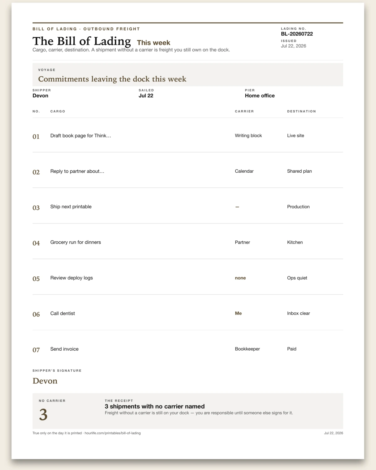The Bill of Lading filled example preview