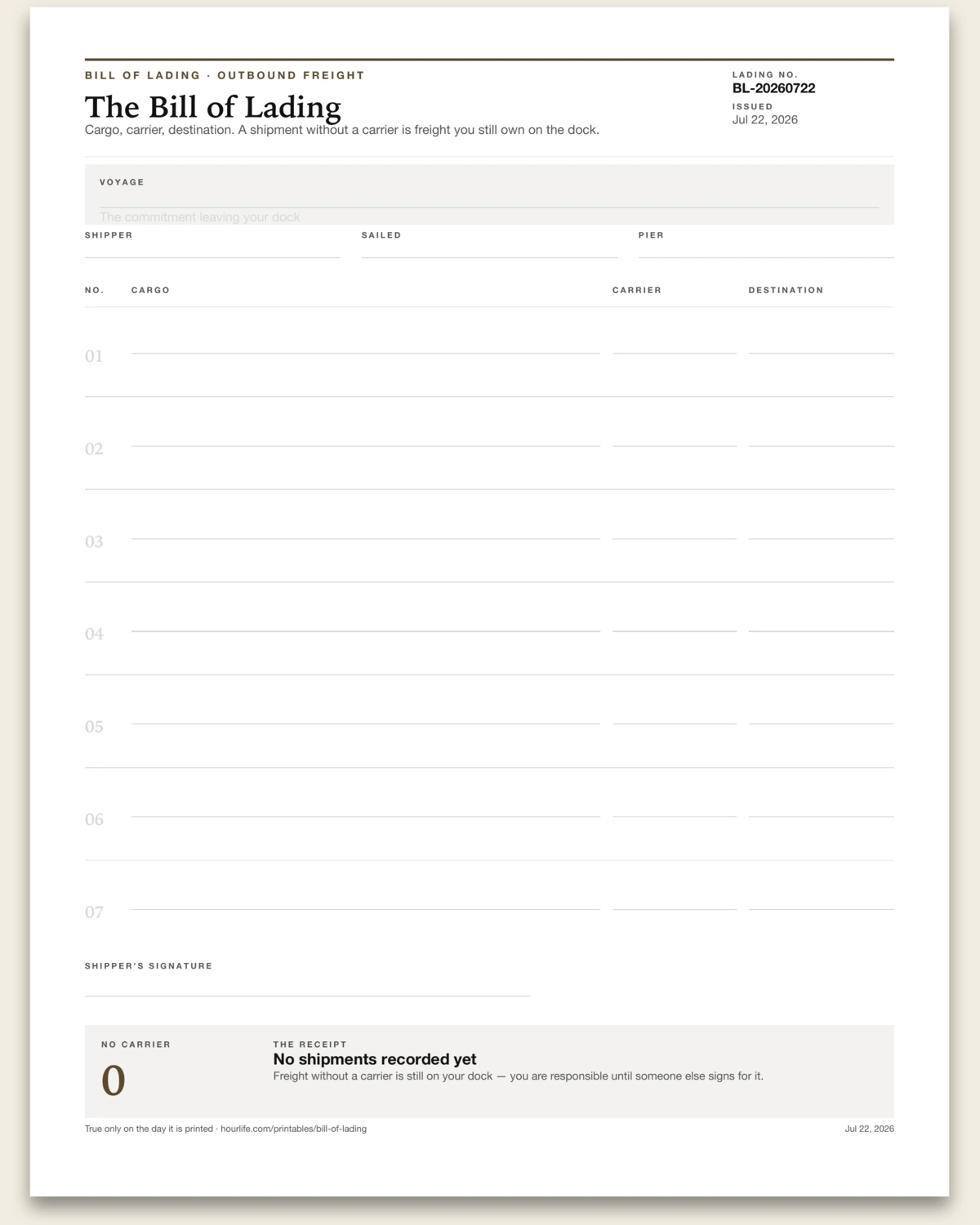 The Bill of Lading blank layout preview