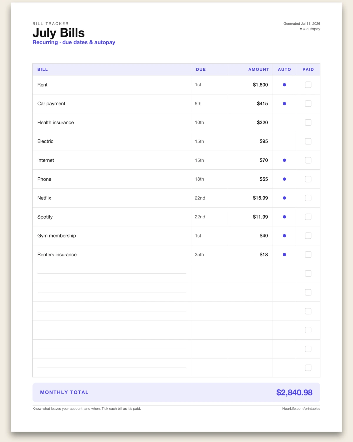 Bill Tracker filled example preview