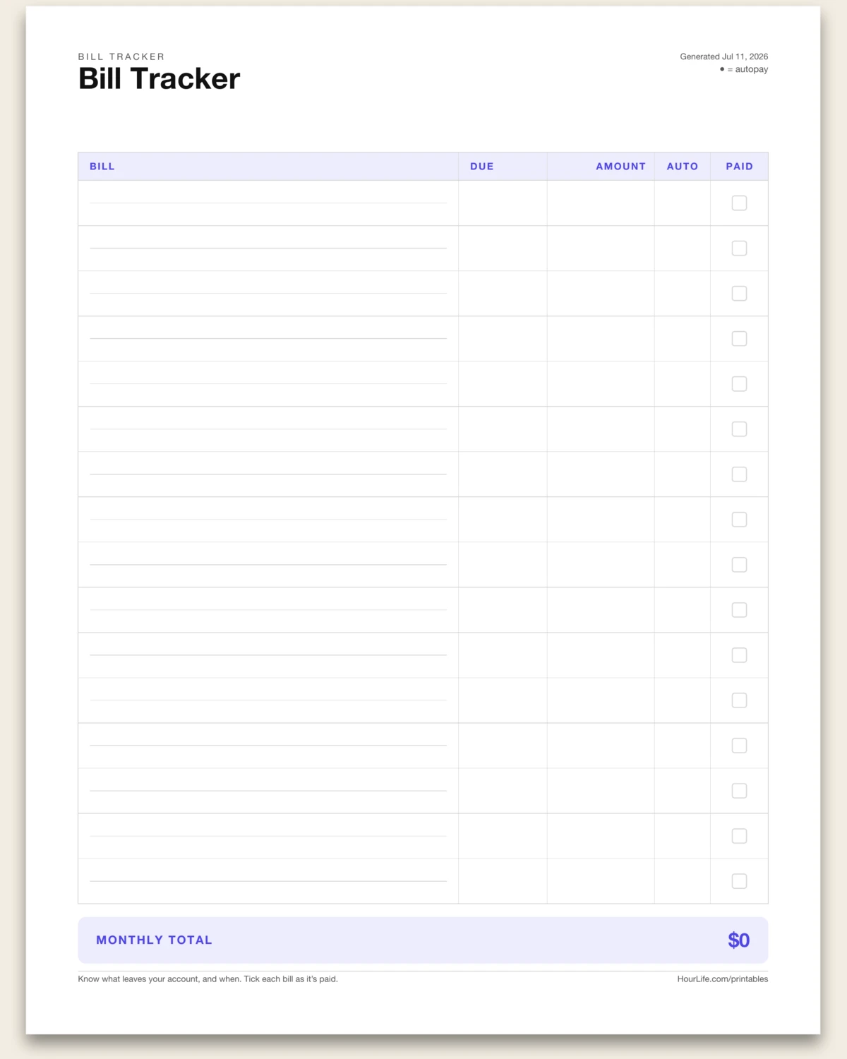 Bill Tracker blank layout preview