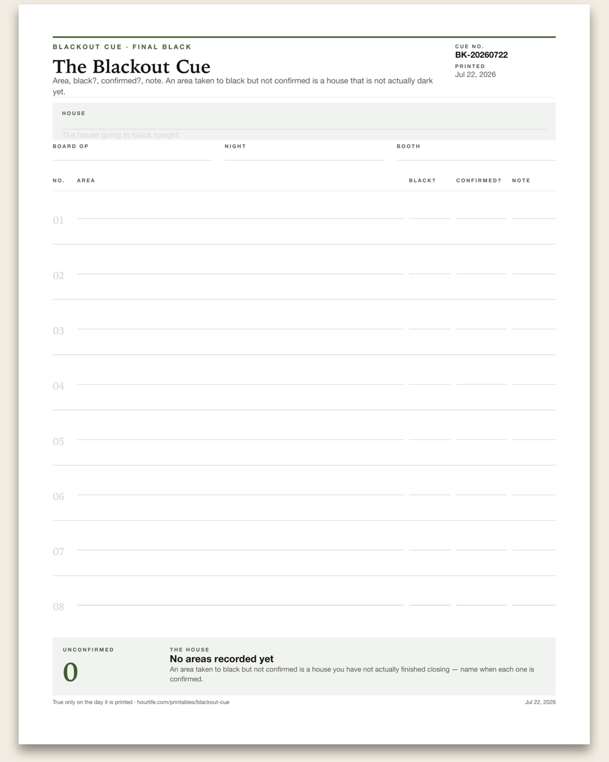 The Blackout Cue blank layout preview