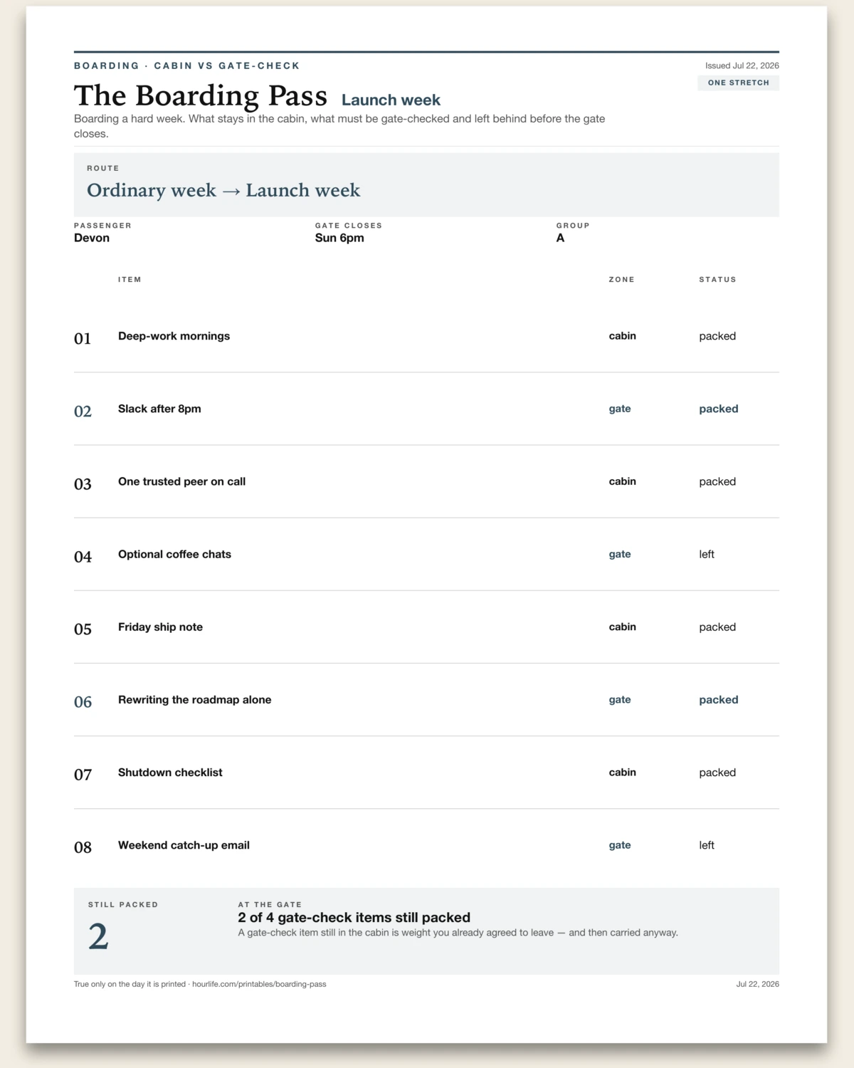 The Boarding Pass filled example preview