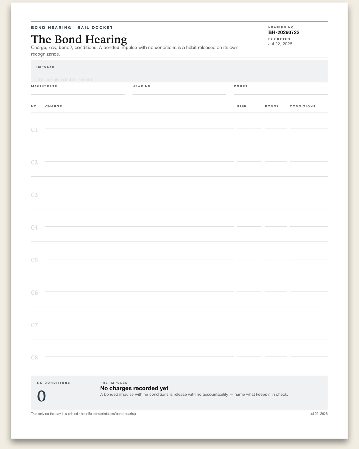 The Bond Hearing blank layout preview