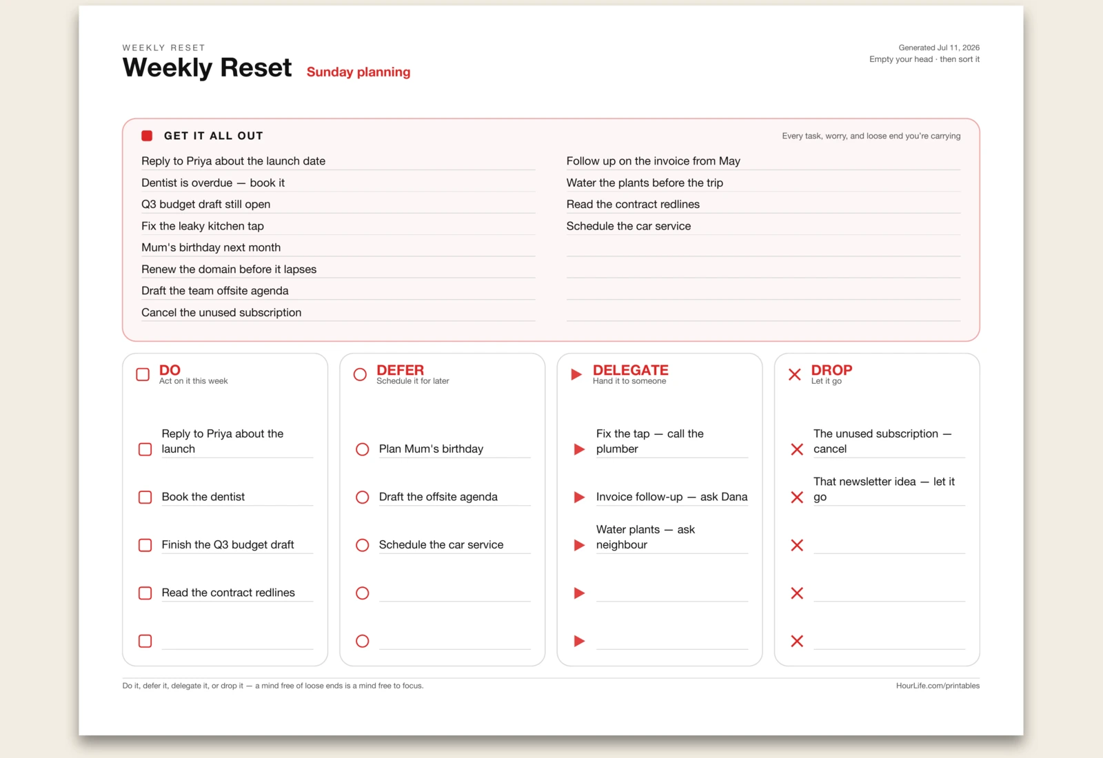 Brain Dump filled example preview