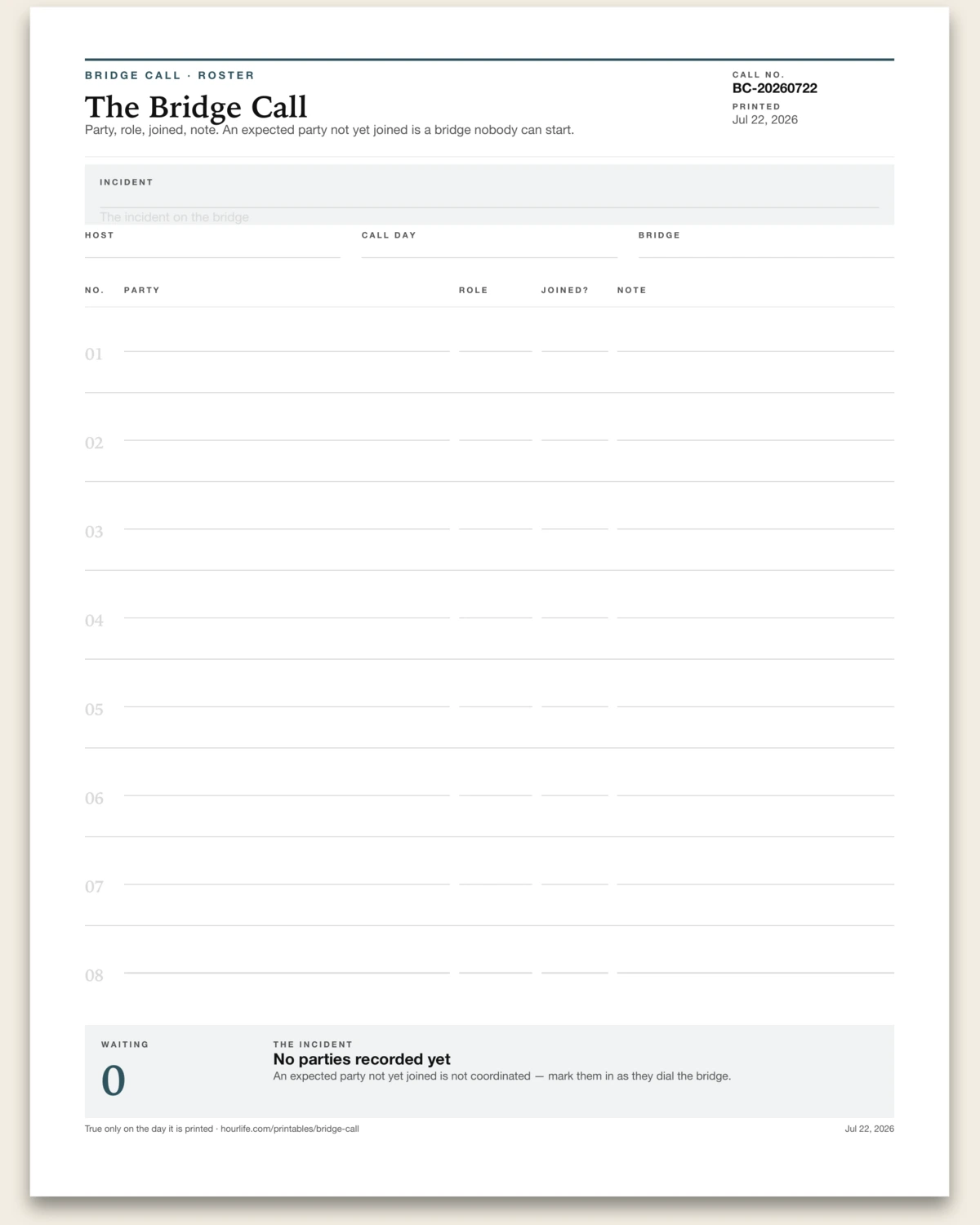The Bridge Call blank layout preview