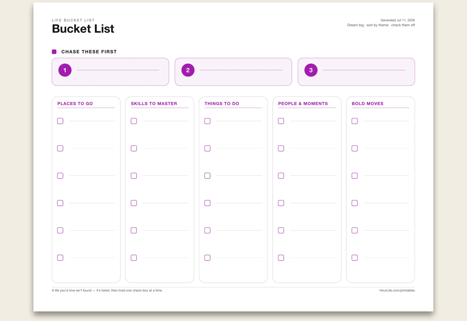 Bucket List blank layout preview