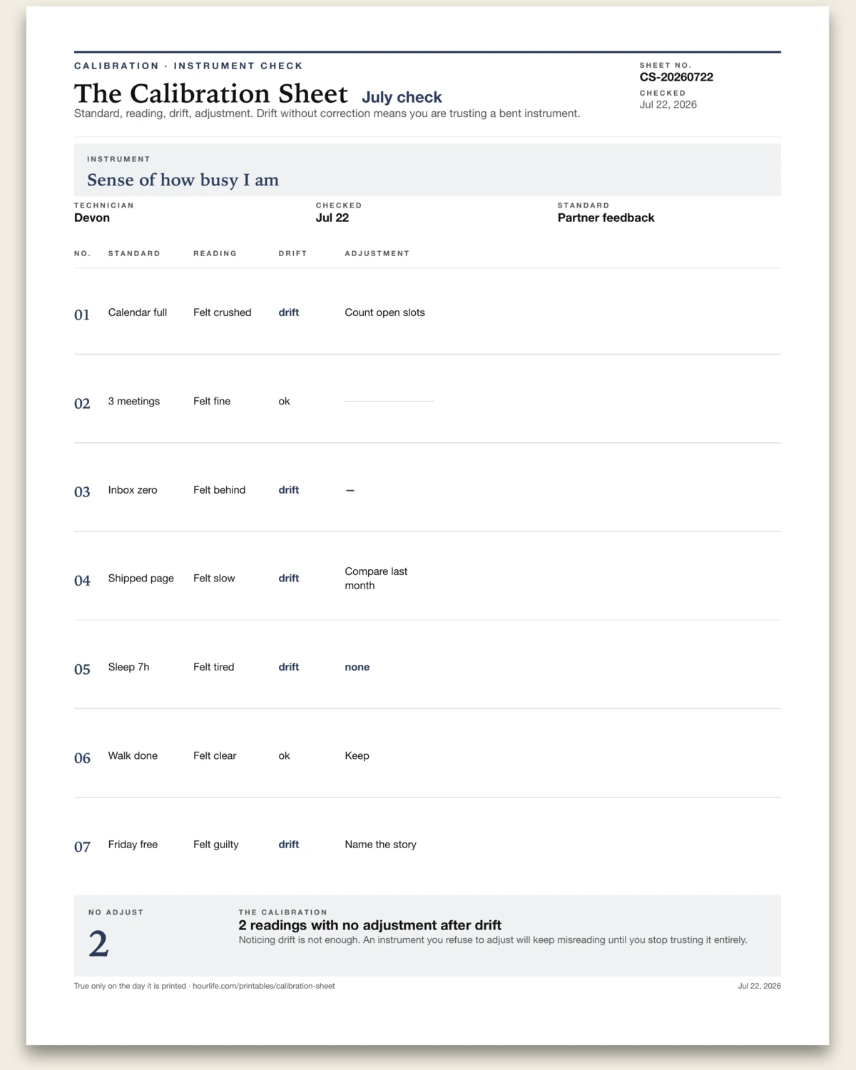 The Calibration Sheet filled example preview
