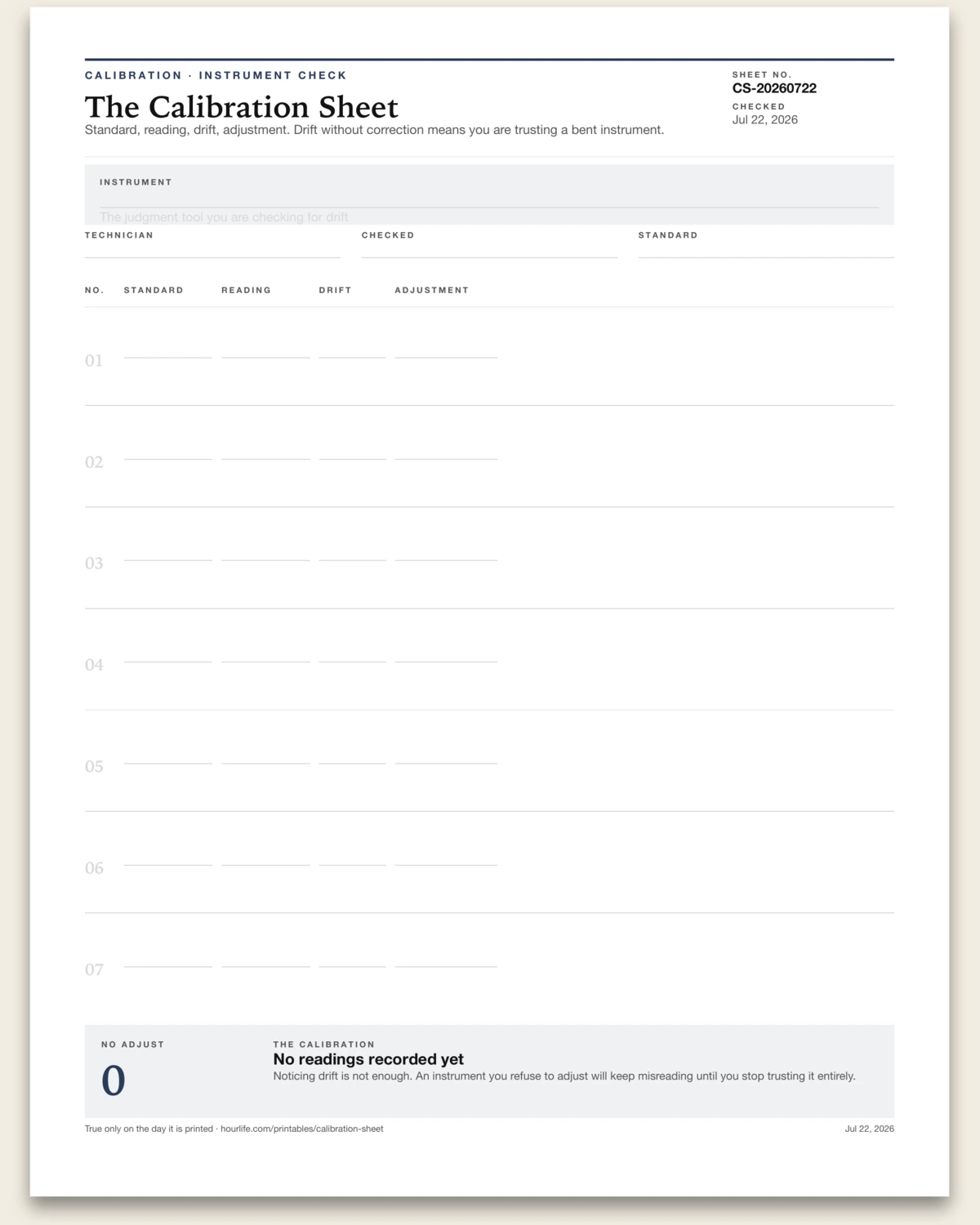 The Calibration Sheet blank layout preview