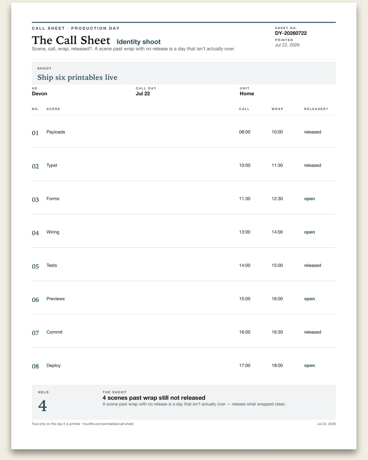 The Call Sheet filled example preview