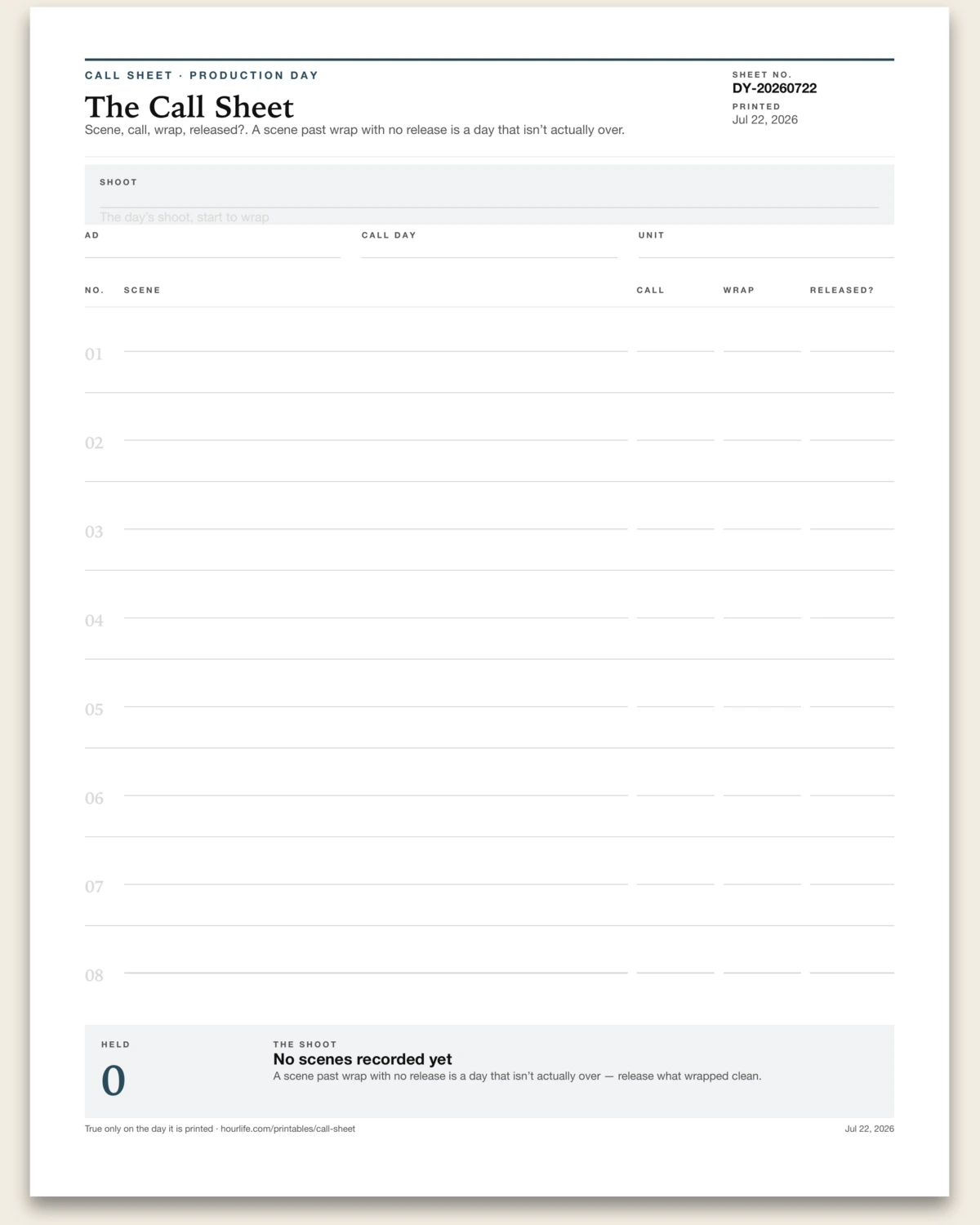 The Call Sheet blank layout preview