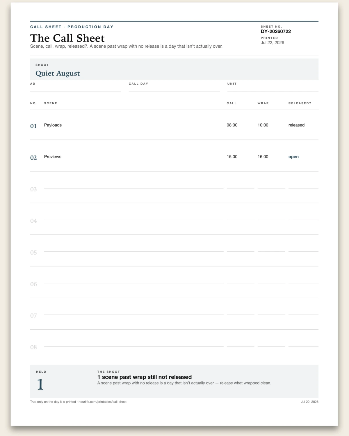 The Call Sheet alt style preview