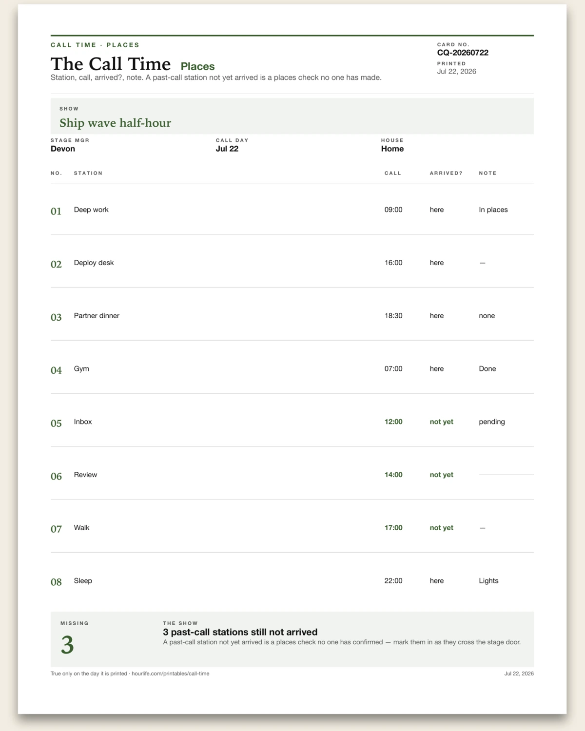 The Call Time filled example preview