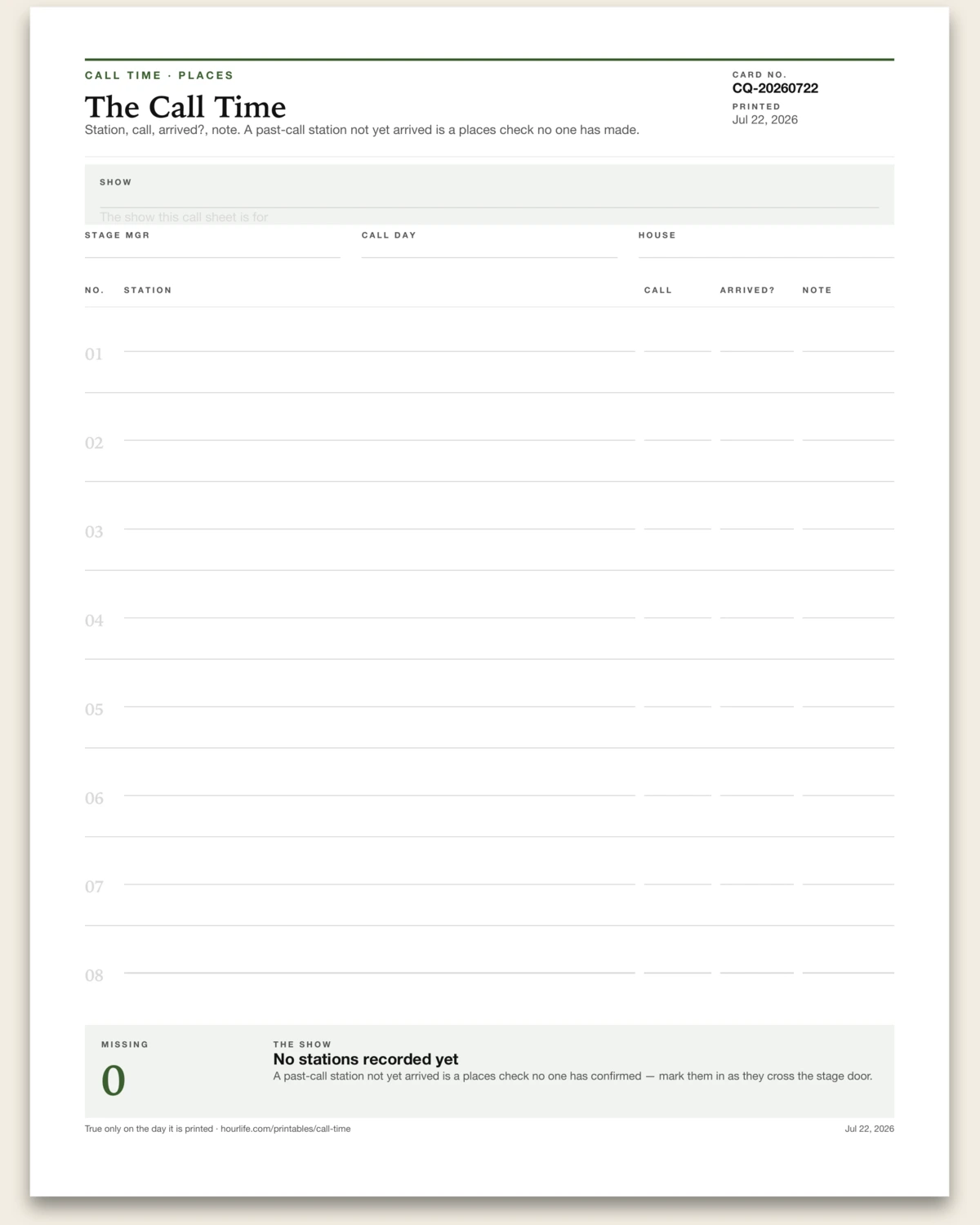 The Call Time blank layout preview